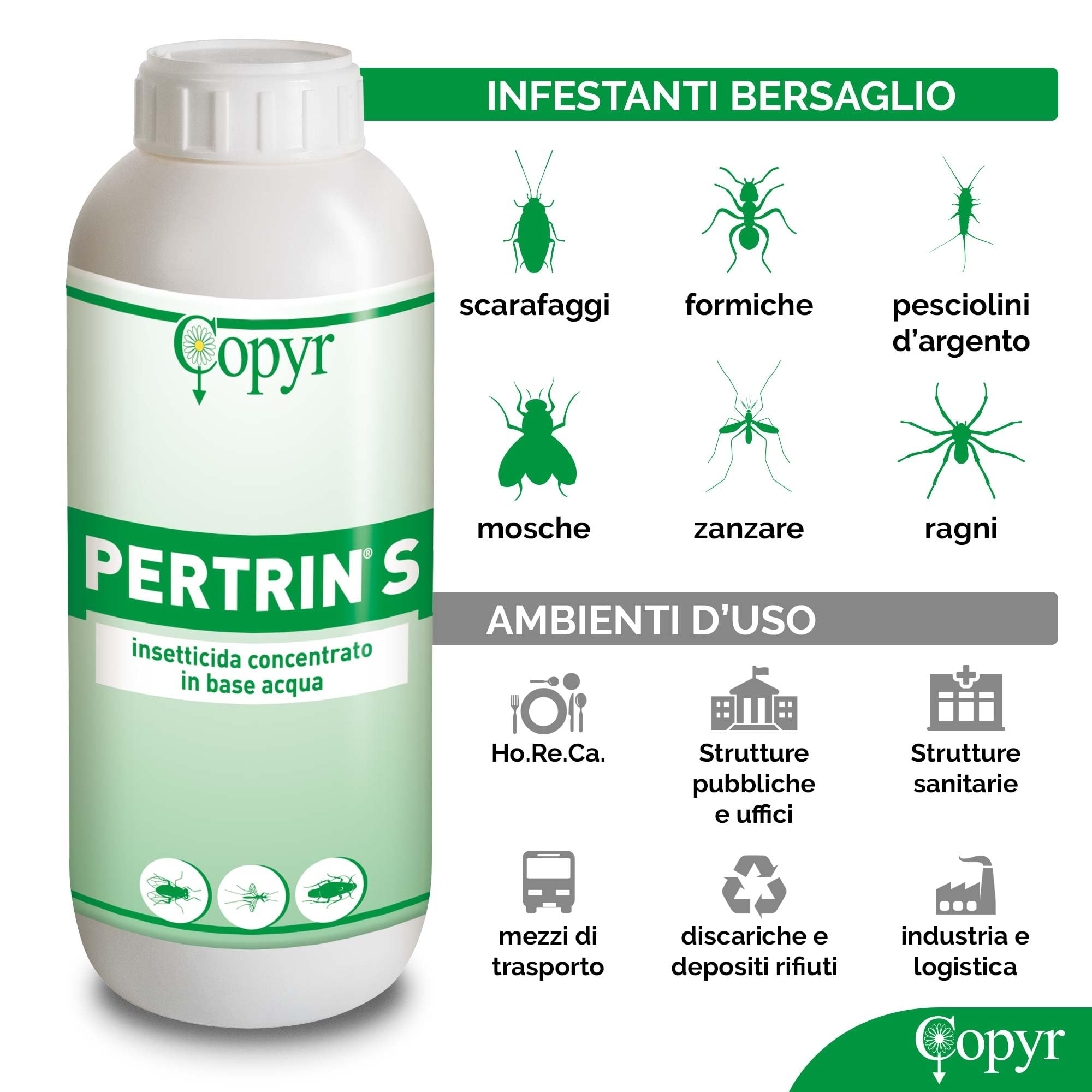 Copyr Pertrin S - Insetticida Antizanzare, Mosche, Scarafaggi, Blatte, Insetti Striscianti, Volanti - Repellente Zanzare Liquido, Uso Professionale e Domestico, Effetto Abbattente Snidante, Flacone 1L