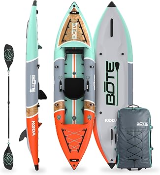 قارب كاياك قابل للنفخ من BOTE Koda Aero قابل للتعبئة لراكب واحد، مناسب للبالغين والأطفال والعائلات، متوافق مع حامل MAGNEPod، بأحجام متعددة