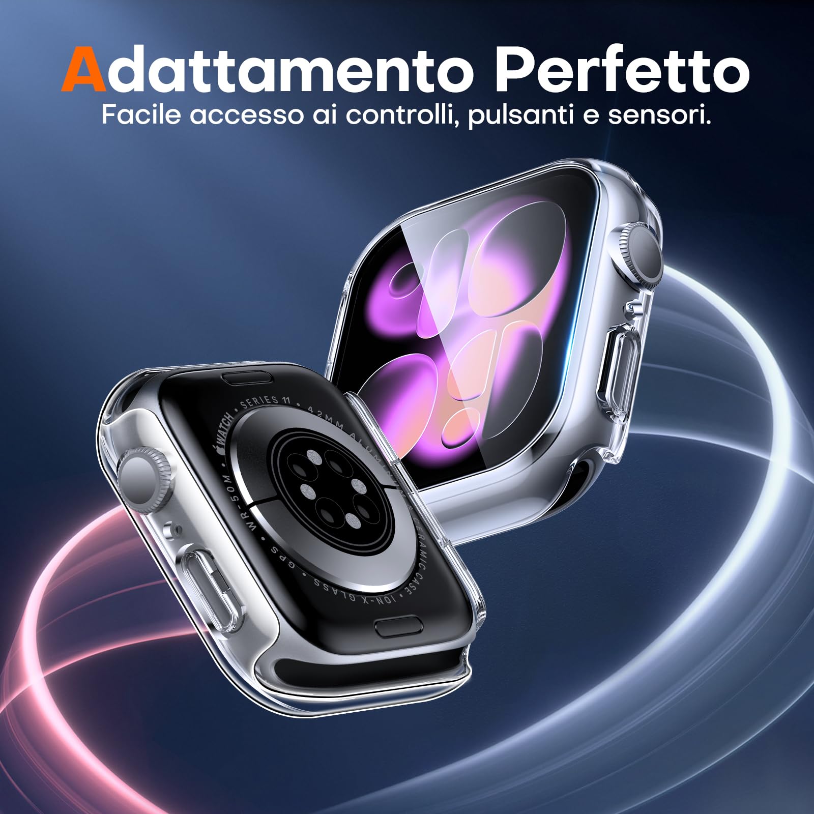 TAURI 2 Pezzi Cover PC Compatibile con Apple Watch Series 11/10 42mm, 9H in Vetro Temperato,[Tocco Sensibile][HD Clear] Sottile Rigida Custodia per iWatch 42mm - Trasparente+Champagne