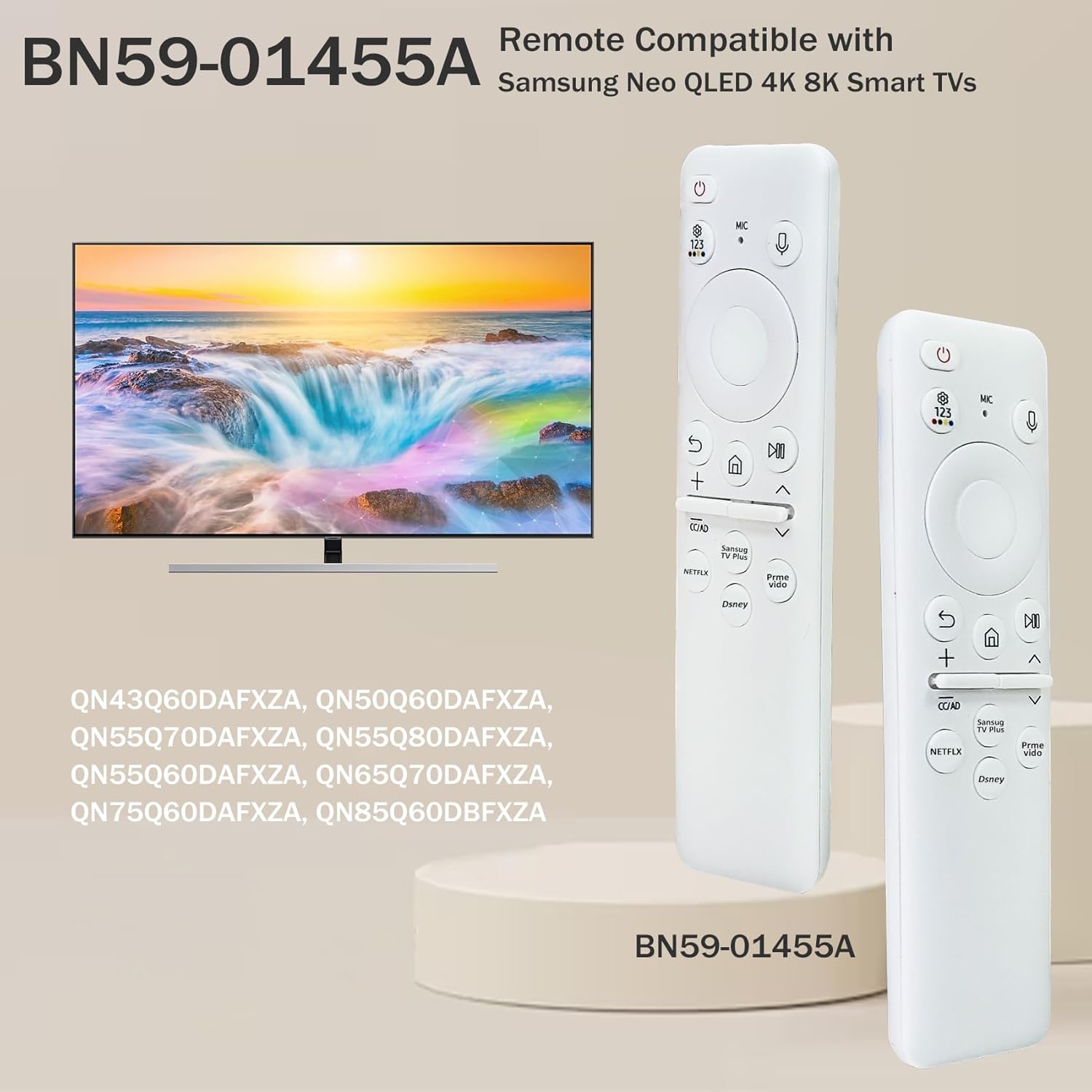 Bxmgr BN59-01455A remote control shown next to a Samsung TV, with a list of compatible models