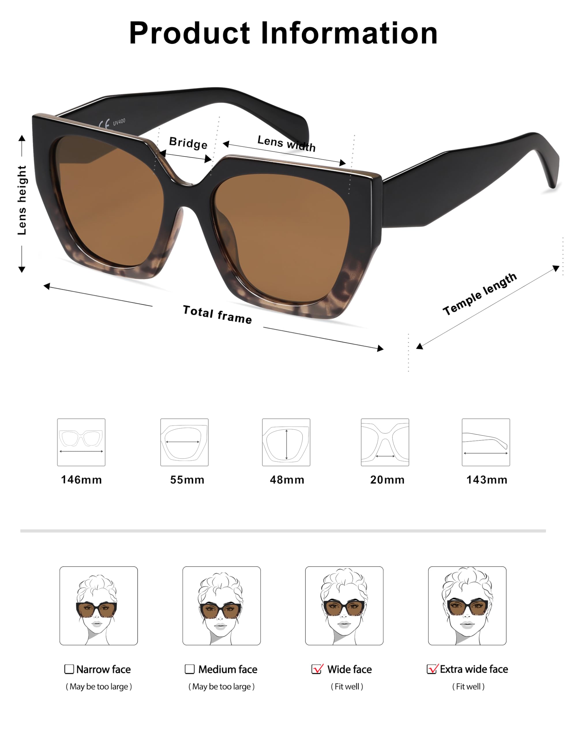 SOJOS Trendy Oversized Polarized Sunglasses Womens Big Square Cateye Sunnies, Lentes de sol para mujer SJ2205: Black Gradient Tortoise/Brown 55 Millimeters