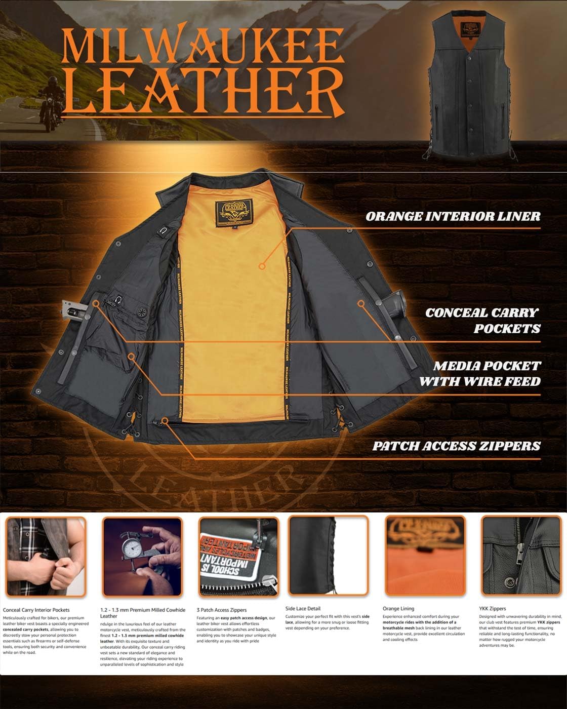 Milwaukee Leather MLM3520 Men's Black Leather Vest - Classic V-Neck Straight Bottom Side Lace Motorcycle Rider Vest - Image 4