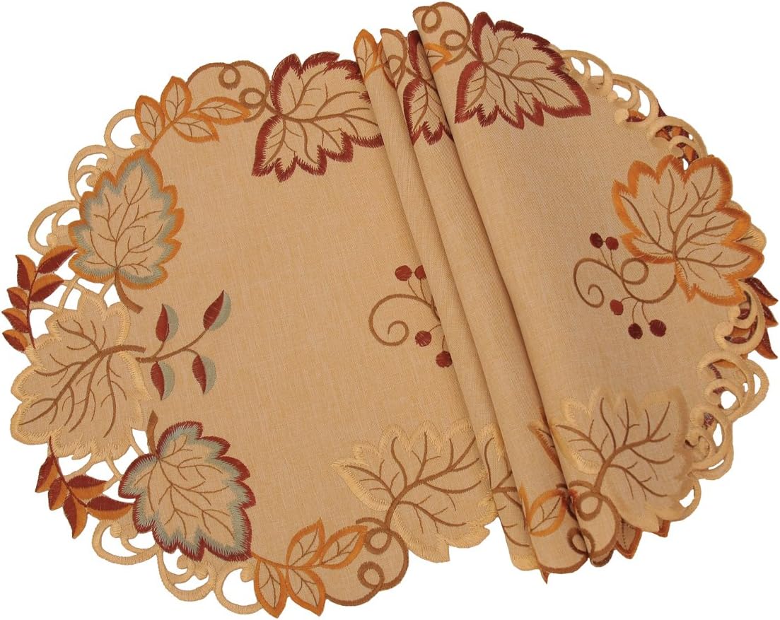 Harvest Verdure Embroidered Cutwork Fall Placemats, 16-Inch Round,Set of 4