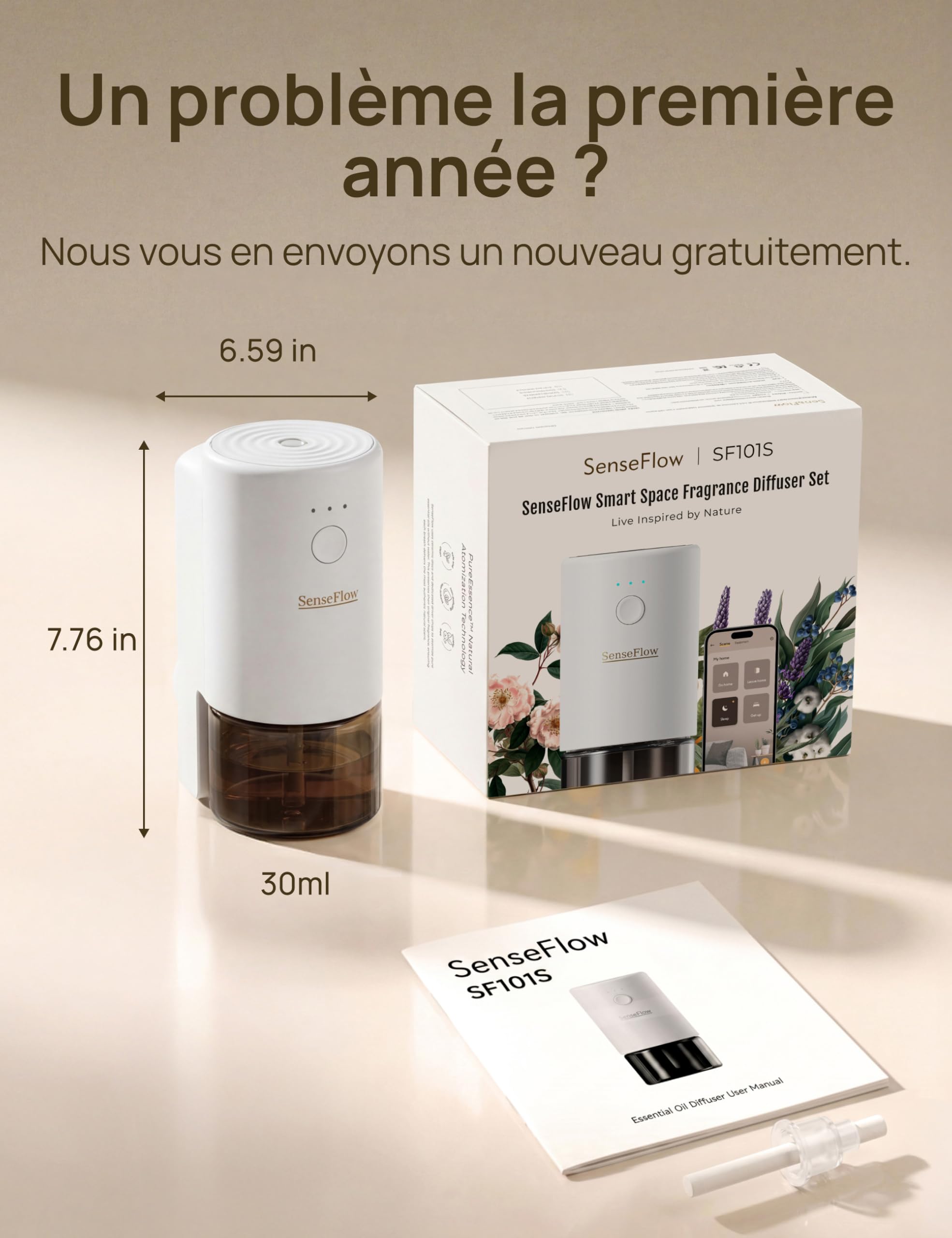 Diffuseur d'arômes pour huiles essentielles Smart Wi-FI SF101S Pro, diffuseur de Parfum à ultrasons sans Eau, 120 Jours d'arôme pour la Maison - Petitgrain & Verger d'Agrumes & Encens