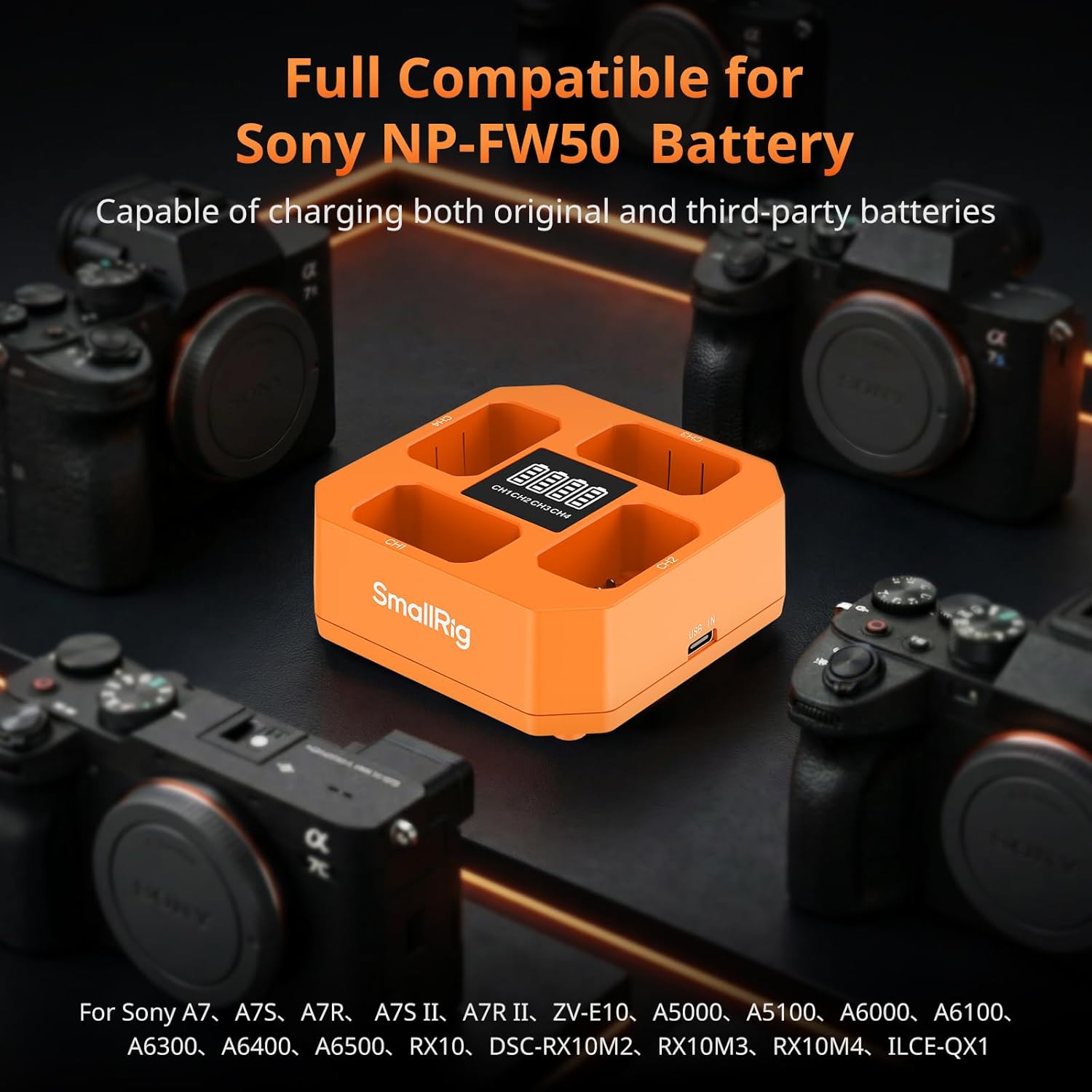SmallRig NP-FW50 4-Channel Camera Battery Charger for Sony, 2H PD24W Fast Charging, LED Indicator, Full Compatible with Sony A6000 A6100 A6300 A6400 ZV-E10 A7 A7S A7R A7SII A7RII A5000 A5100 ILCE-QX1