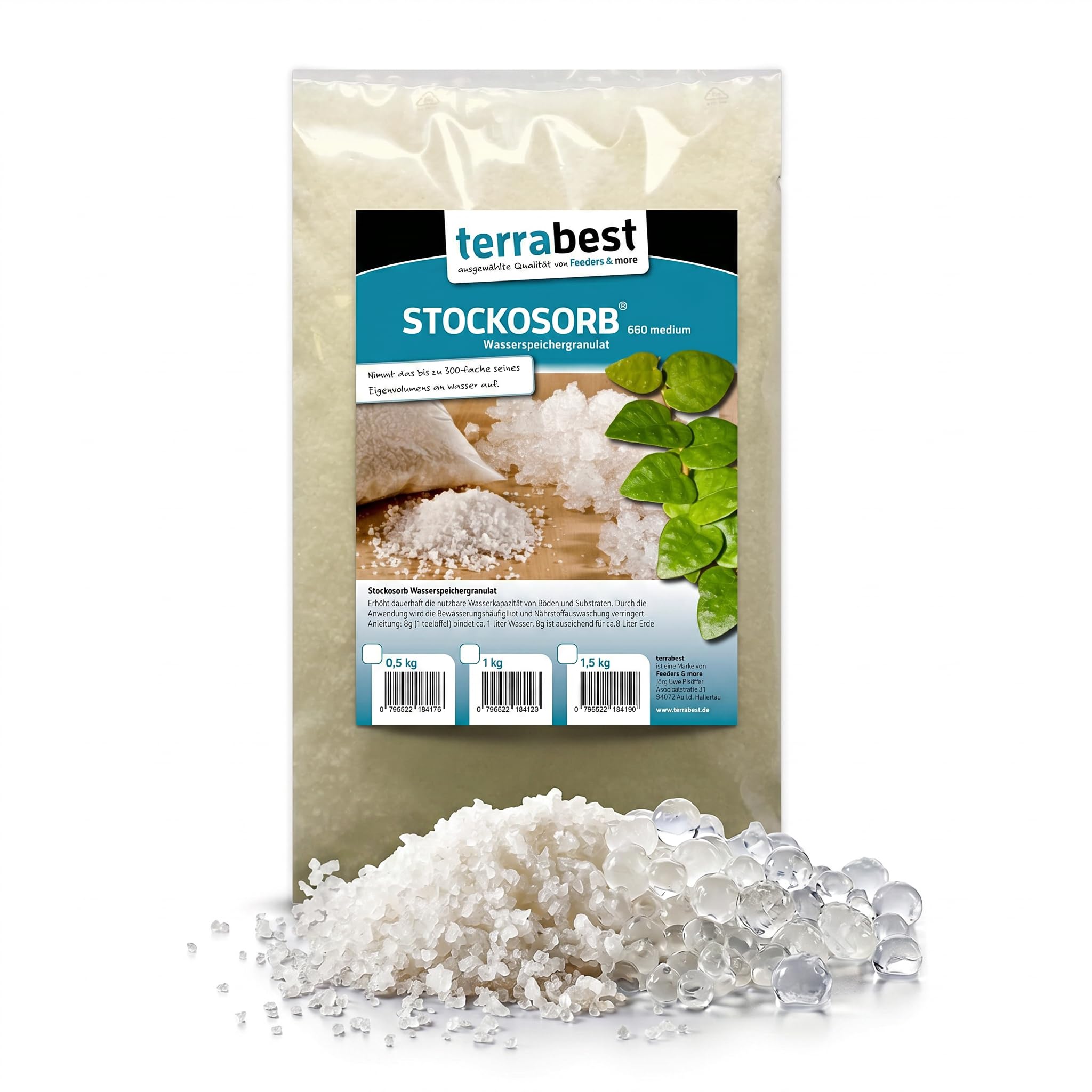 STOCKOSORB® 660 średni granulat do magazynowania wody, 1 kg, granulat magazynujący wodę, żel wodny, zbiornik wody do roślin, hydrożel, polepszacz gleby, żel roślinny