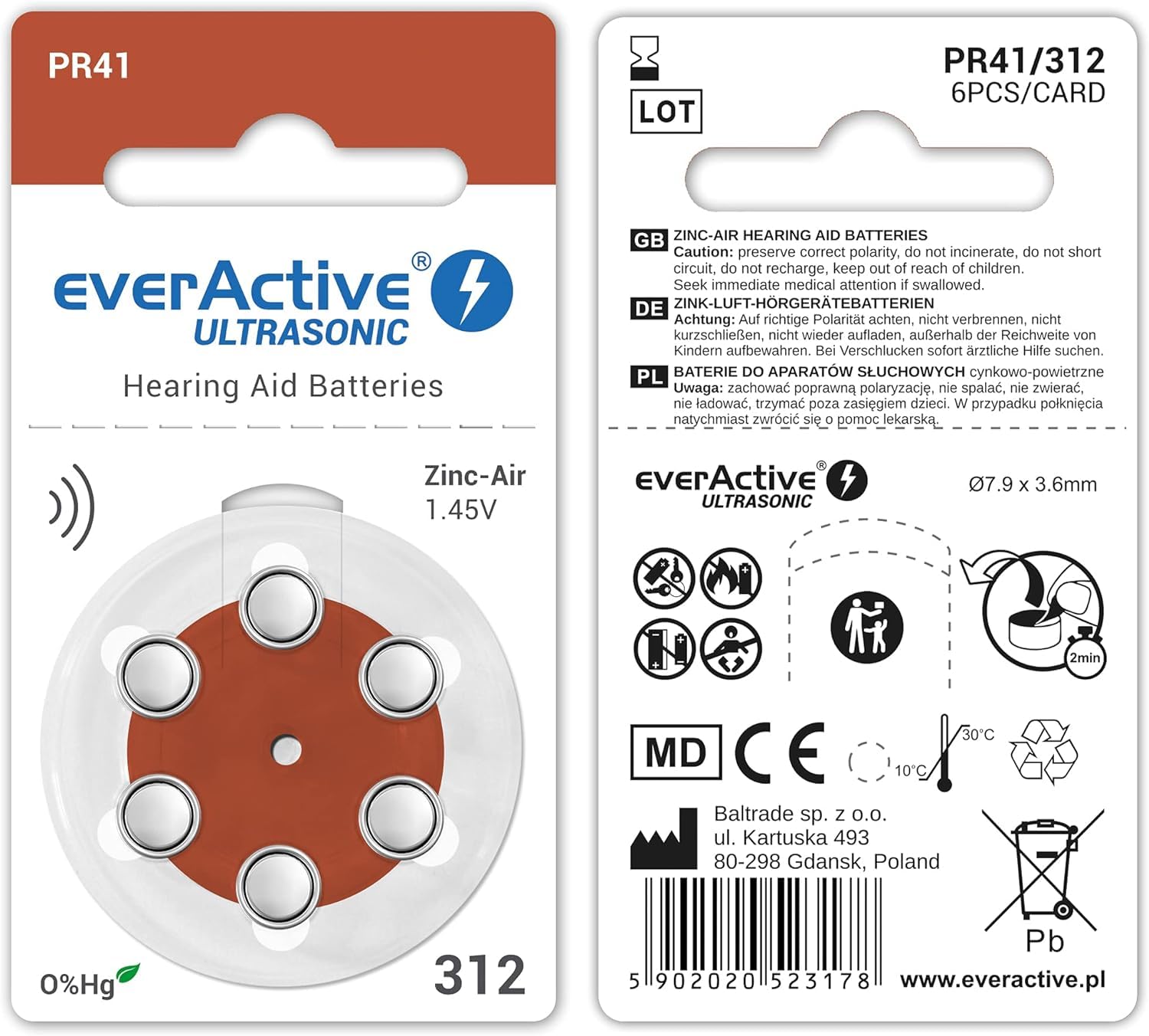 everActive 312, 600 batterie per apparecchi acustici, ad alta potenza, batterie zinco-aria, 100 blister, durata di 4 anni, marrone, Ultrasonic PR41