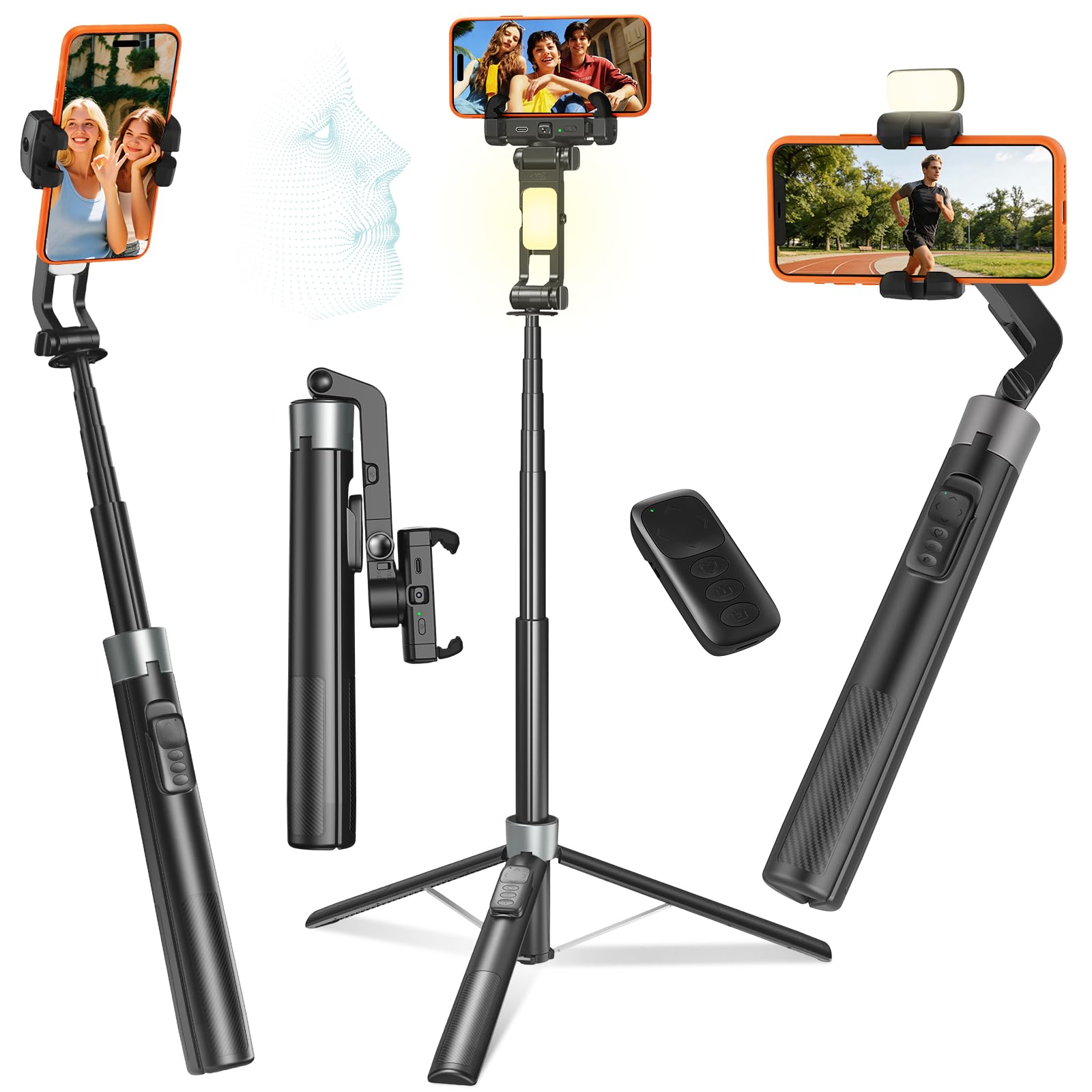 Photo 1 of 69" Auto Face Tracking Tripod for iPhone/Android, Foldable 2-Axis Phone Gimbal Stabilizer, 360 Degree Rotating, Portable, Extendable Selfie Stick with Light & Remote for Fitness, Travel Vlog