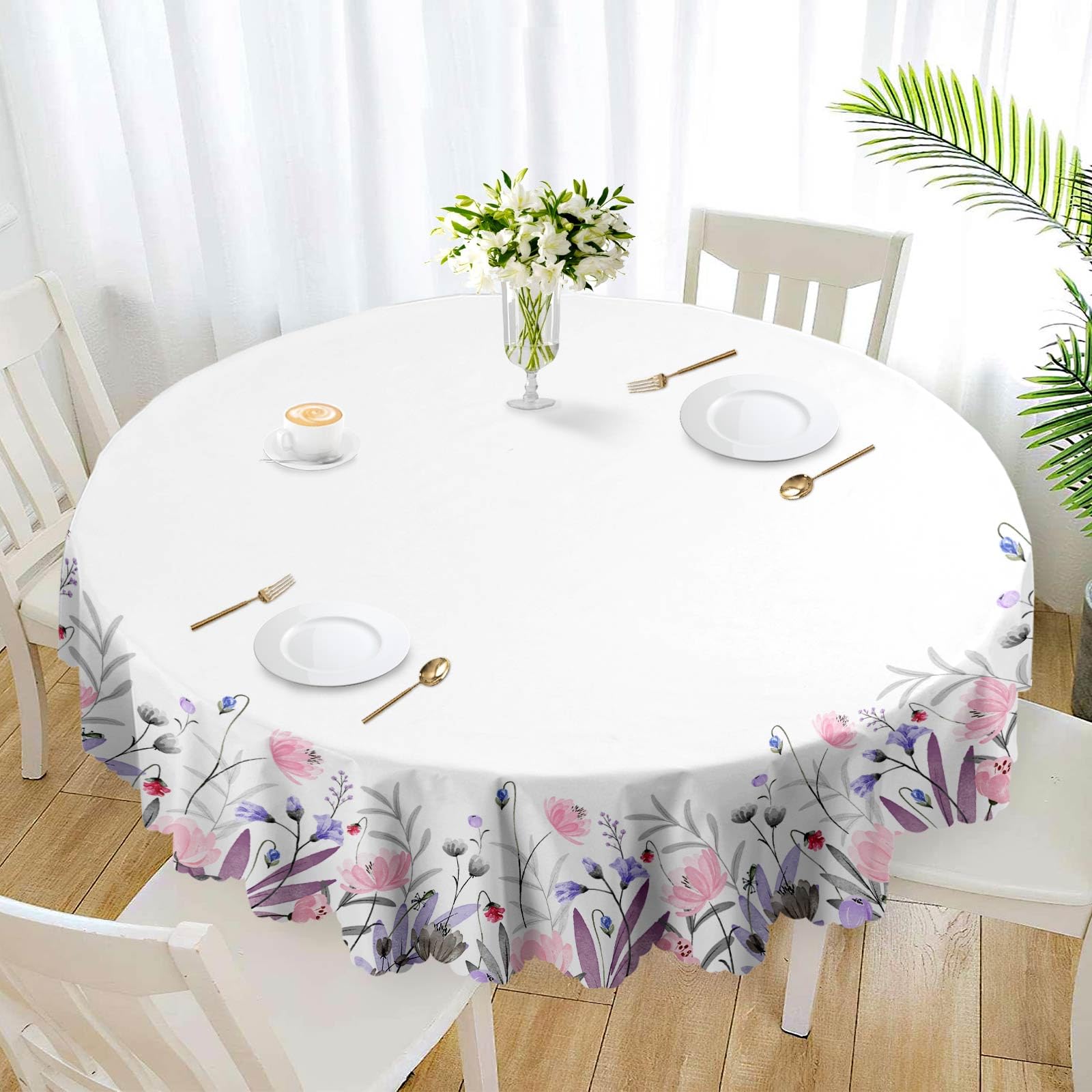 Eikione Round Floral Tablecloth Summer Flower Tableclothes 70inch Floral Tablecloth Waterproof, Wrinkle Free Polyester Flower Table Cover for Patio Party — image 1