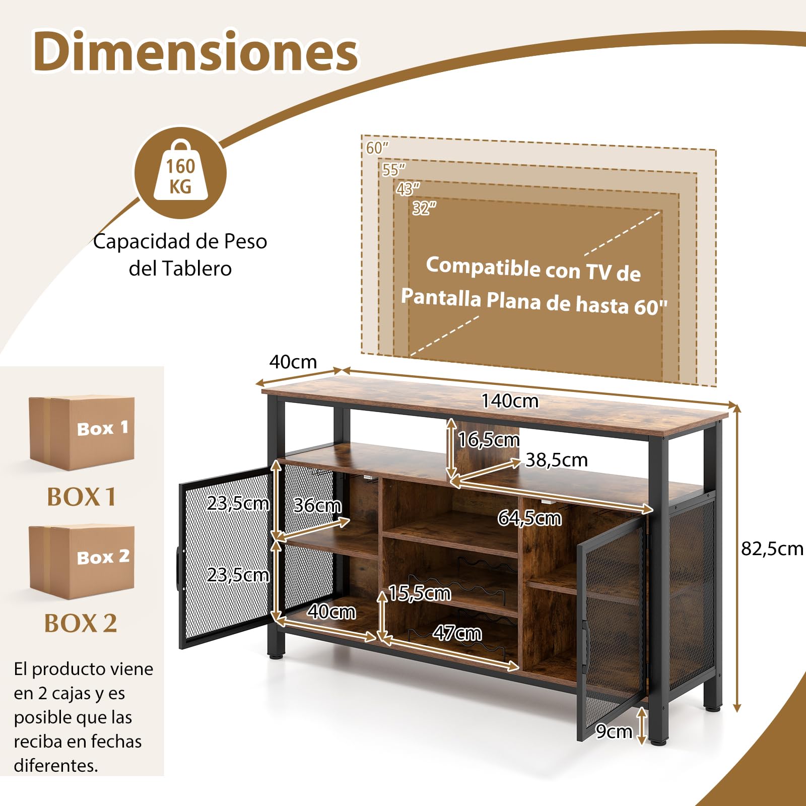 GOPLUS Mueble para Vinos, Estación de Café de 140 Cm con Estantes para 8 Botellas de Vino y Soportes para Copas, Aparador de Cocina con Almacenamiento para Comedor, Sala de Estar (Marrón)
