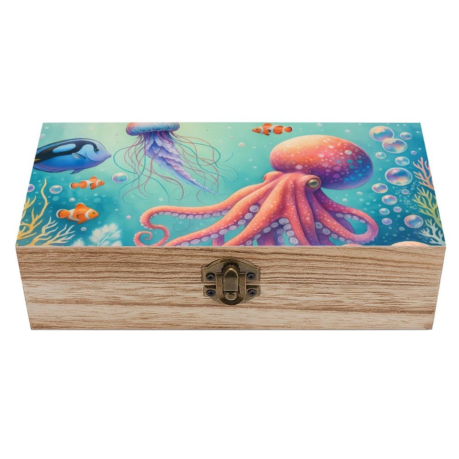 Oudrspo Nautical Octopus & Jellyfish Retro Wooden Storage Box Keepsake Jewelry Decorative Art Storages Box Gift Boxs