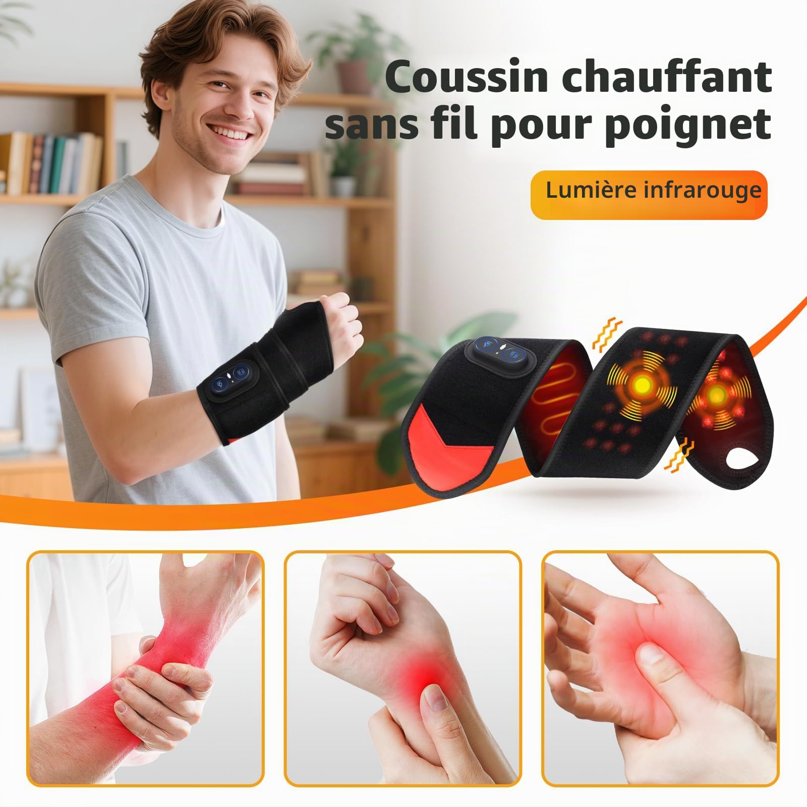 Coussin chauffant du poignet sans fil avec vibrations, 3 modes de chaleur et vibration, massage bras chauffé avec lumière rouge, coussin chauffant pour poignet, main, genou, coudes, chevilles