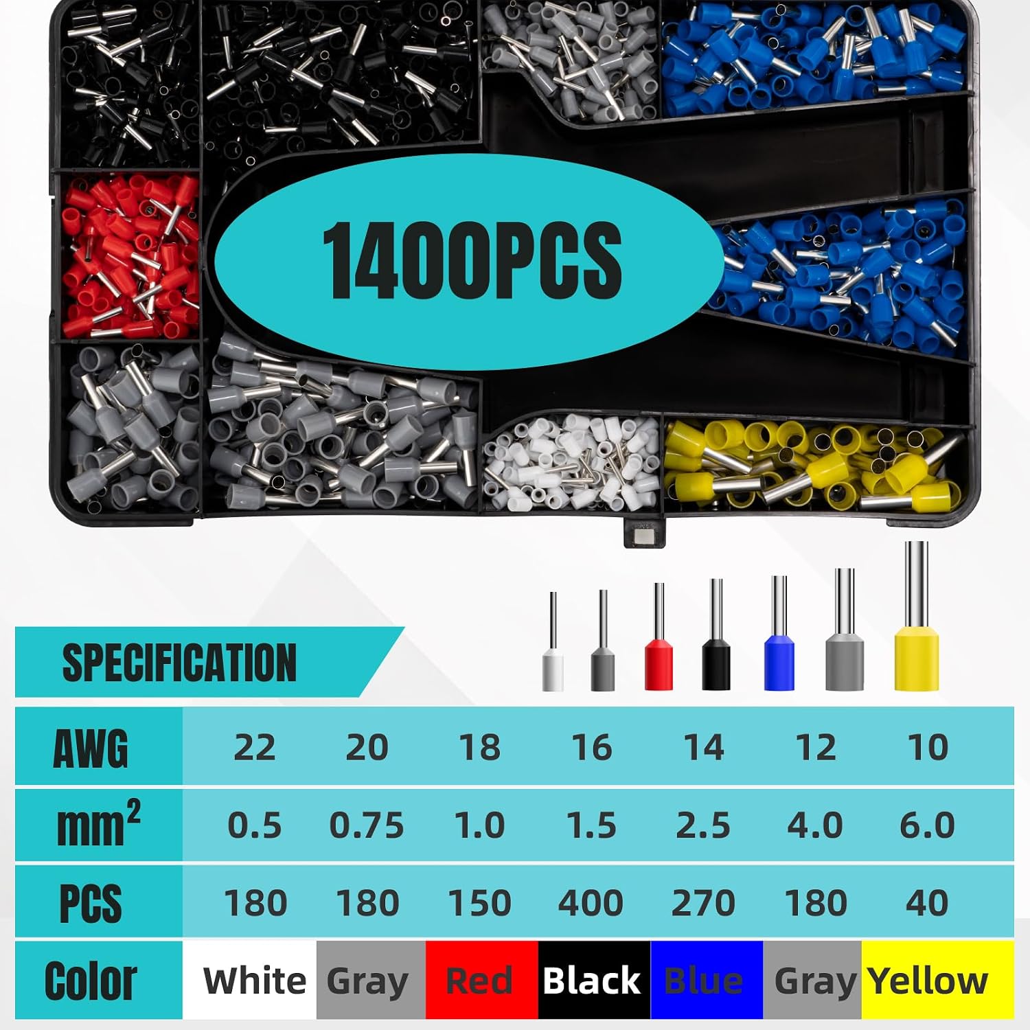 Ferrule Crimping Tool Kit，Wire Ferrules Crimper Kit with 1400PCS Electrical Pin Terminal Ends Ferrell Connectors，HSC8 6-6A Crimp Pliers Gauge Awg 23-10 Hexagonal Ratcheting Pliers Set Car Audio