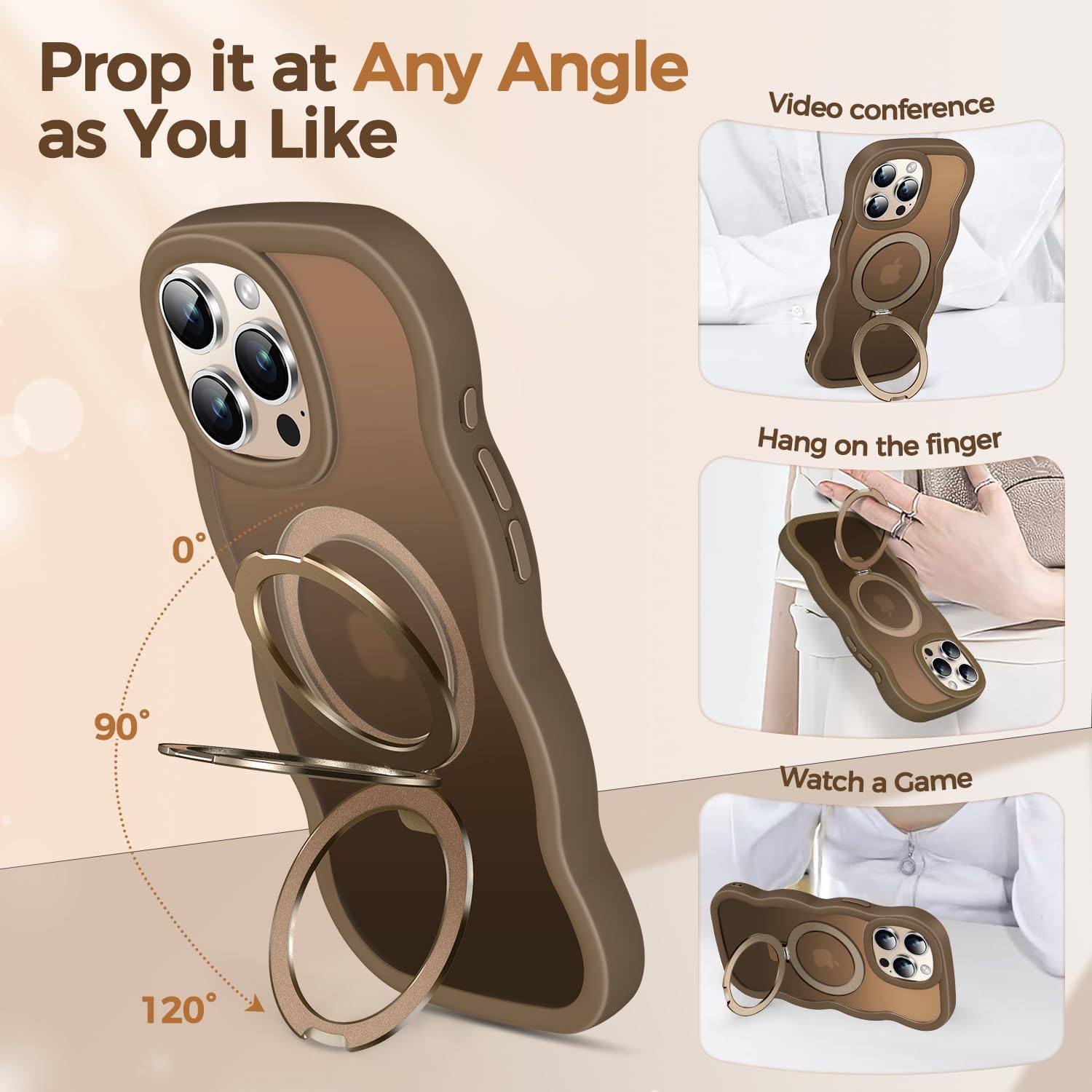 [Cute Wave Frame+Mag Stand] Designed for iPhone 15 Pro Max Case, [Fit for MagSafe] Translucent Silicone Protective Magnetic Ring Phone Cover for iPhone 15 Promax 6.7 inch Men Women, Desert Titanium - Image 2