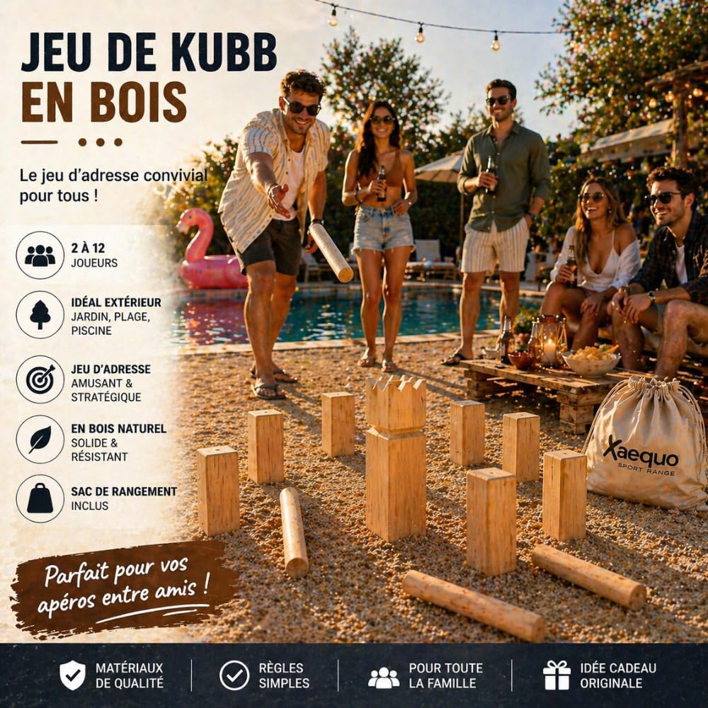 SHOP-STORY Jeu de Kubb en Bois, 21 Pièces, pour 2 à 12 Joueurs, Jeu d'Adresse d'Extérieur, avec Filet de Rangement, Dès 6 Ans