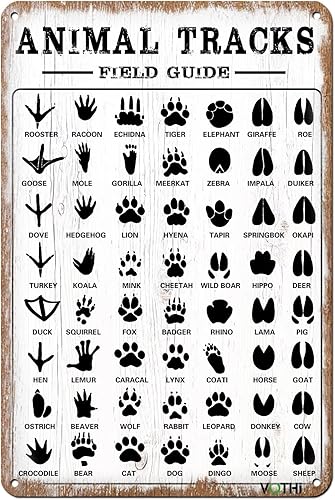 VOTHI Divertido letrero de metal retro con pistas de animales, guía de campo, decoración rústica para el hogar, decoración de bosque, decoración de