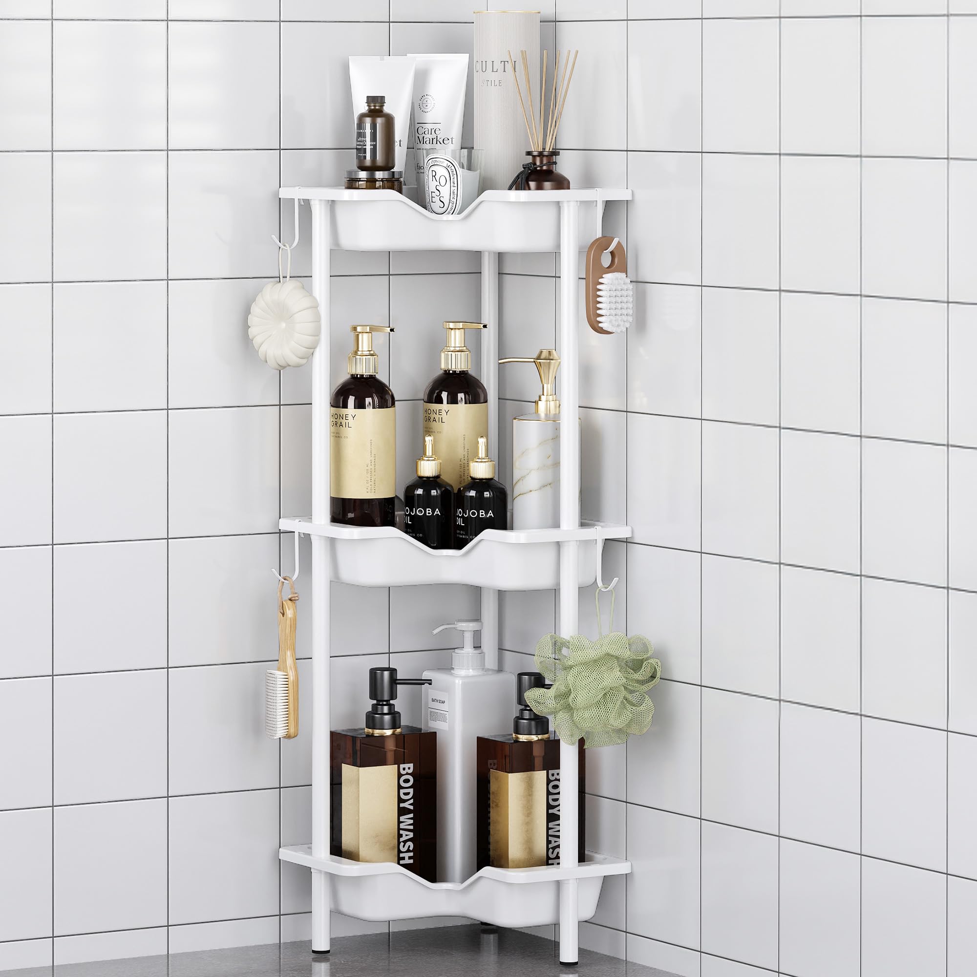 Oriware Estanteria Baño de Ducha de Pie, Organizador de Esquina de Piso de Empalme con 4 Ganchos, Cesta Ducha sin Taladrar para Baño (Blanco, 3 Tier)