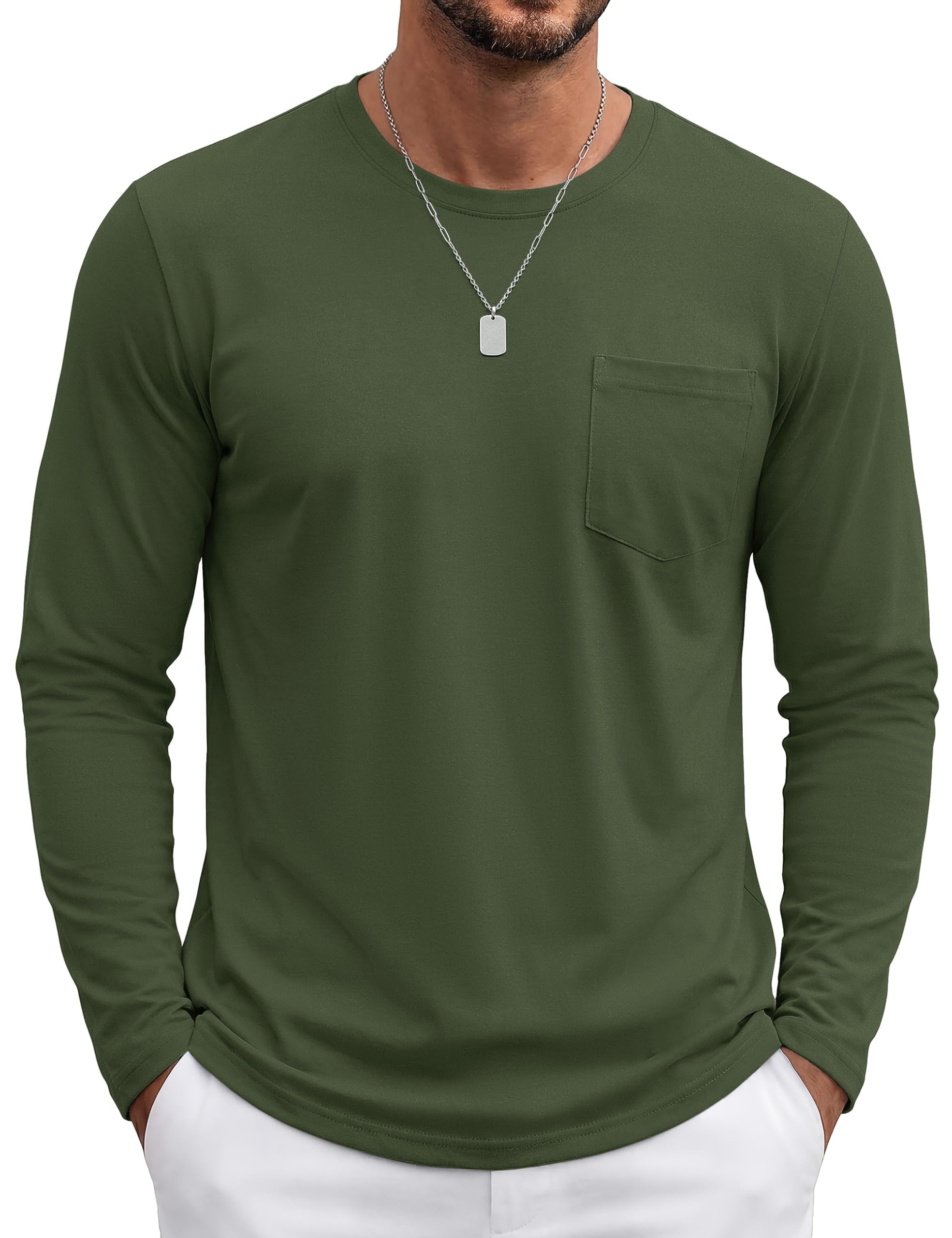 TACVASEN Herren Baumwolle Tshirt Rundhals Langarmshirt Einfarbige Work Sweatshirt Atmungsaktiv T Shirts Mit Brusttasche