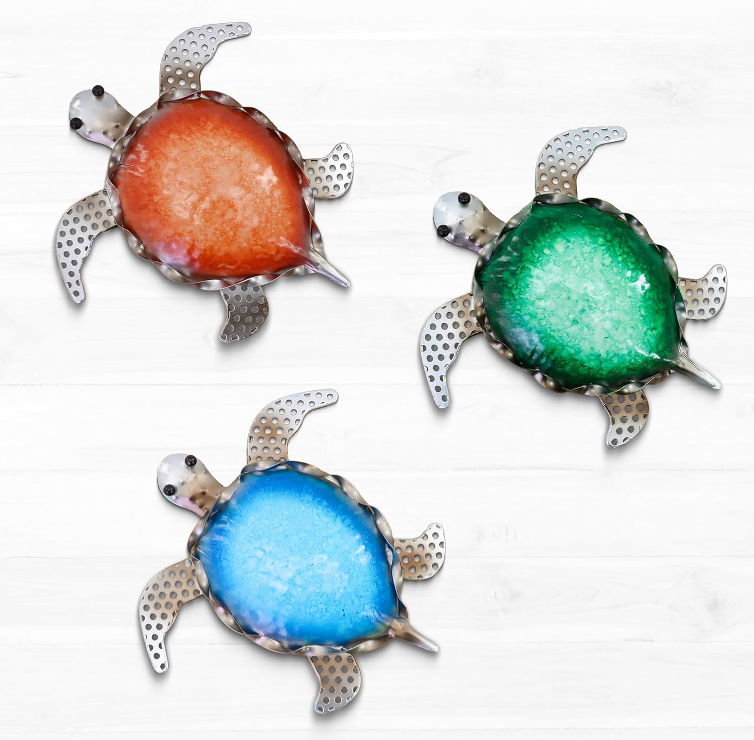 YNGFIL Beach Sea Turtle Metal Outdoor Wall Decor - Set of 3, 8 Inch Colored Turtles for Home, Bathroom, Caribbean Theme