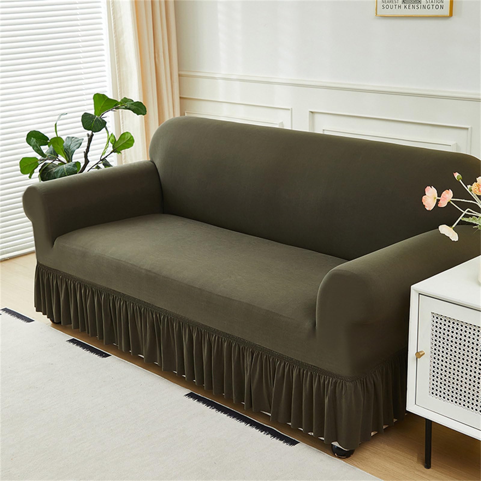 Odot Sofa Cover Dark Color with Skirt,Stretch Sofa Cover 1 2 3 4 Seater,Breathable Sofa Slipcovers,for Corner Sofa Cover L Shape, Couch Cover Non Slip Furniture Protector Cover (1 Seater,Olive)