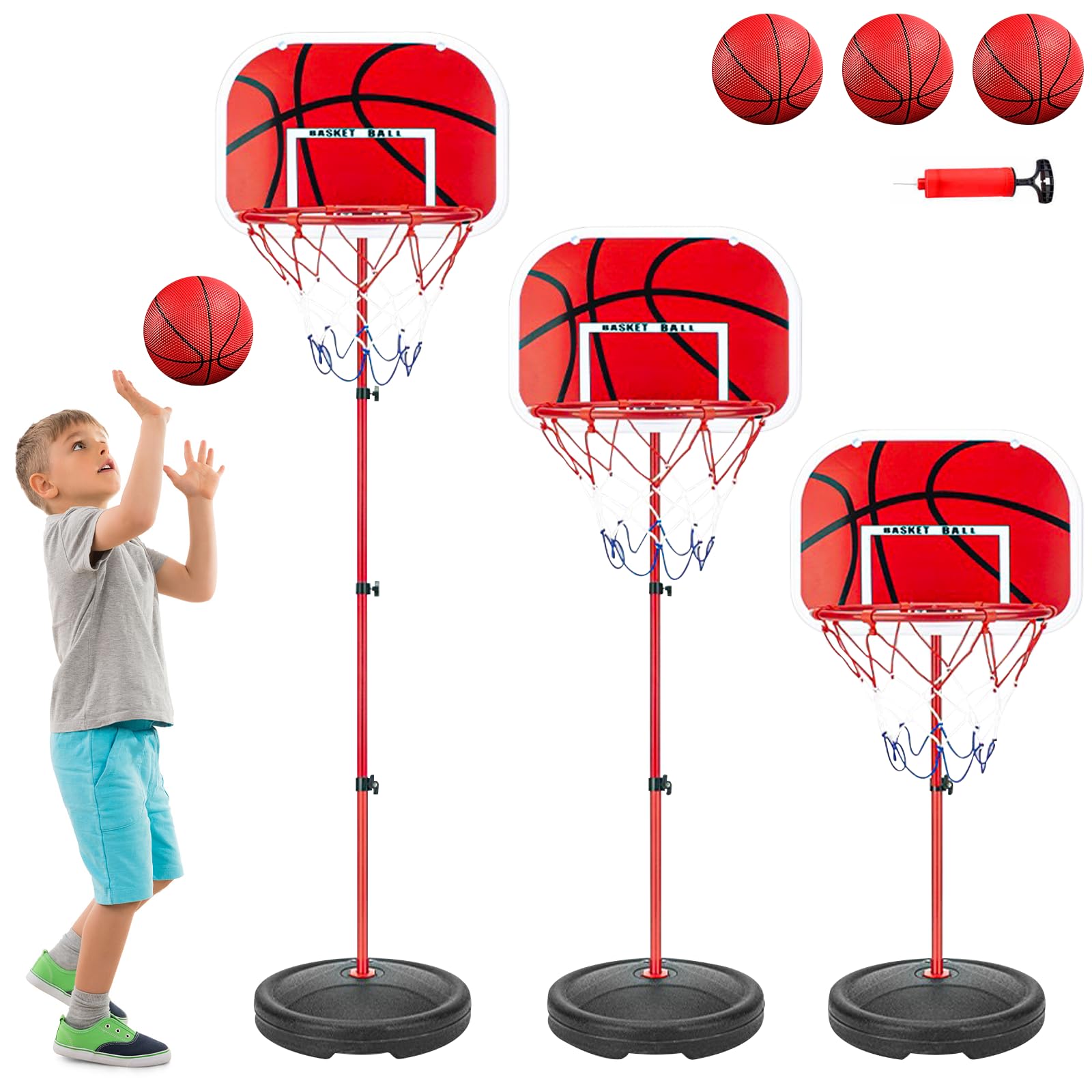 Canasta Baloncesto Infantil,Aro de Baloncesto para Niños Incluir 3 Bolas,2Red,Bomba,Altura Ajustable de 50 a 150 cm,Aro de Baloncesto para Interior y Exterior para Niños de 2 a 6 Años