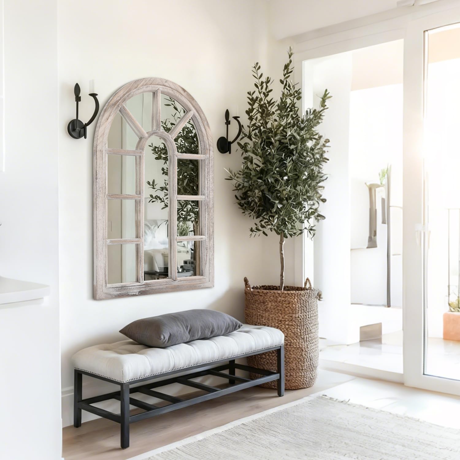 Espejo de arco, espejo de pared blanco, marco de madera grande, espejos decorativos de arte moderno para sala de estar, dormitorio y entrada, 70 x 50 cm, decoración del hogar