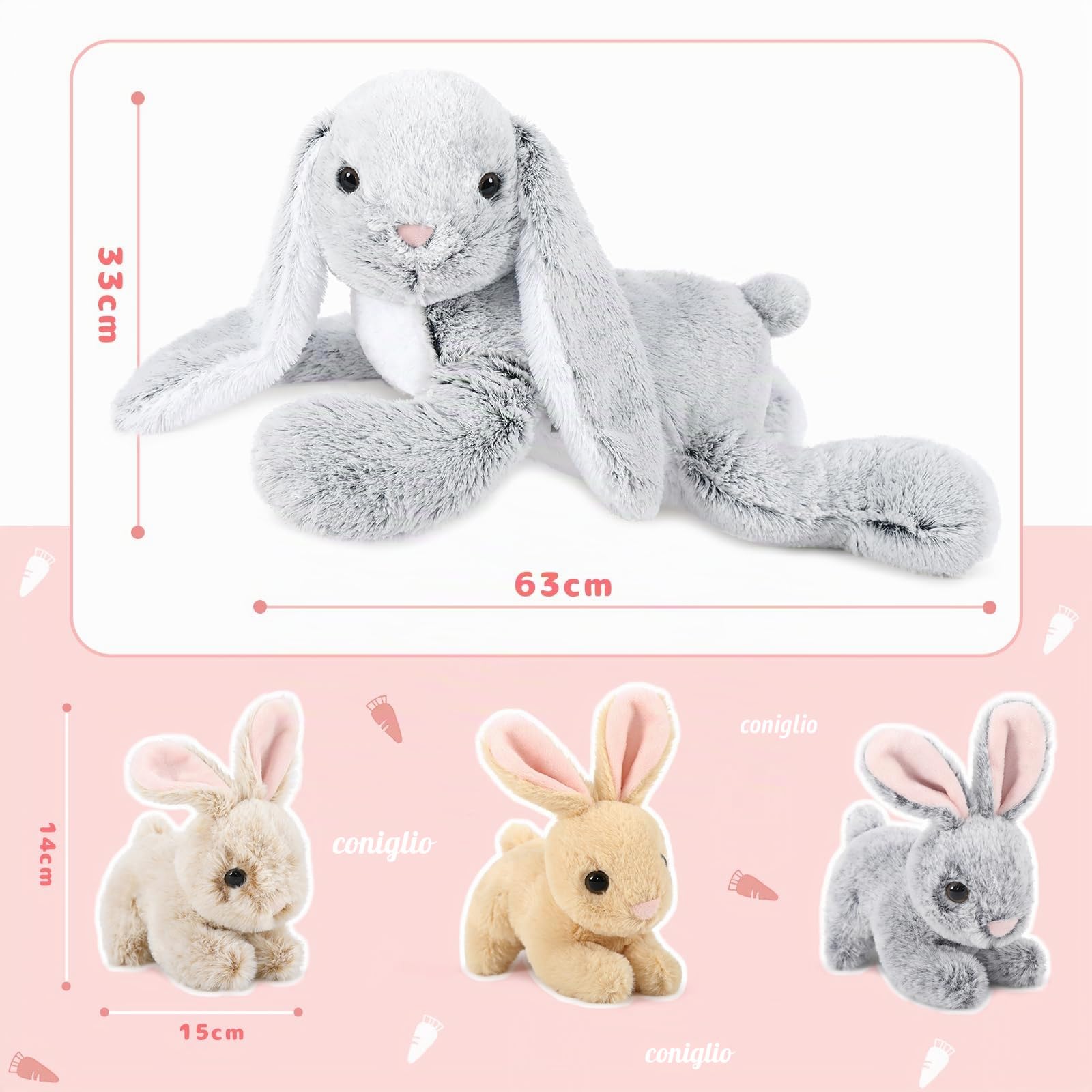 MorisMos Coniglio Peluche Gigante, 60cm Mom Coniglio con 3 Kawaii Bebè Grigio Easter Bunny Teddy Morbido Animali di Peluche Grande Regalo per Ragazzi Ragazze Fidanzata Pasqua Compleanno Deco