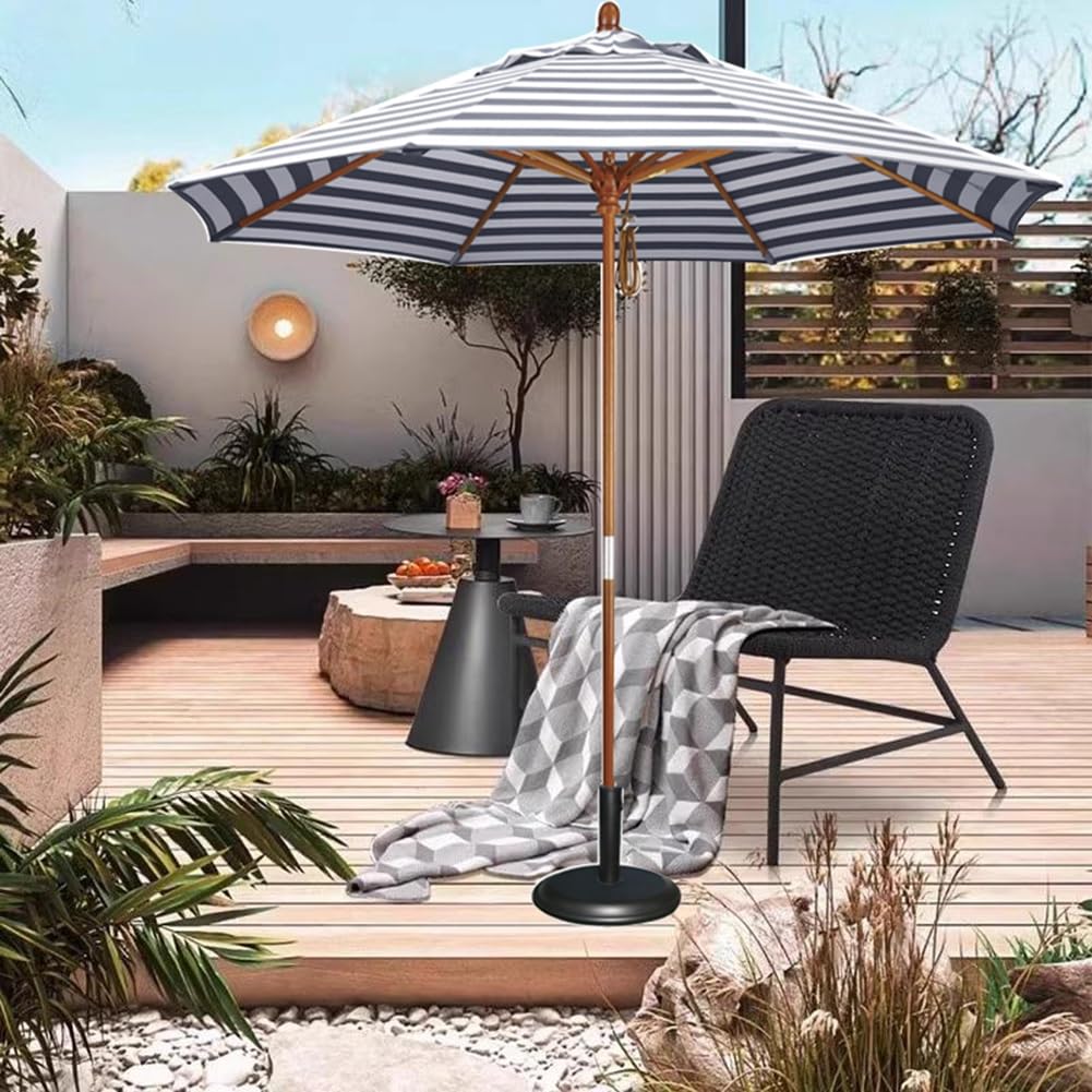 Duży Parasol Ogrodowy W Niebieskie Paski, 270 Cm, Okrągły Drewniany Parasol Tarasowy, Parasol Przeciwsłoneczny Do Stołów Ogrodowych, Tarasów I Basenów