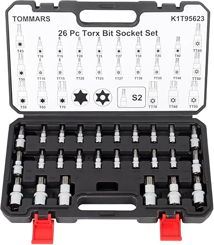 TOMMARS Juego de llaves Torx de 26 piezas, Torx Star a prueba de manipulaciones de puntas de seguridad 14", 38", 12" Drive T Sockets T10-T70 y