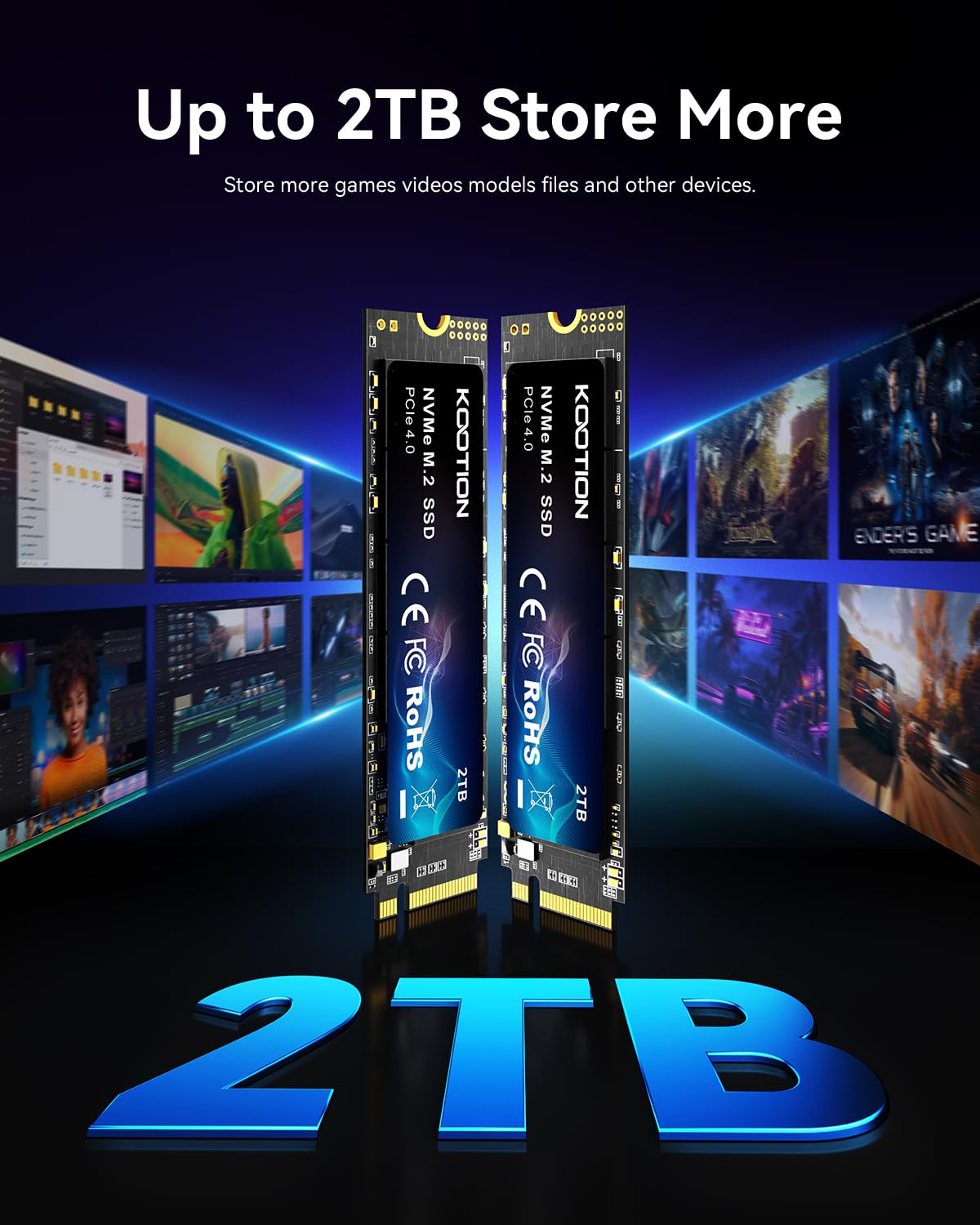 KOOTION SSD 2TB Nvme SSD PCIe 4.0 Interne Festplatte 5200MB/s Lesen, 4500MB/s Schreiben, 2 TB SSD 3D NAND Flash Interne Solid-State-Laufwerk für PS5, Programme, Gaming und Videoschnitt