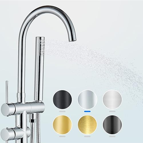 YAGATAP Grifo de bañera independiente, cromado para montaje en el suelo, grifo mezclador de latón de pie de una sola manija con ducha de mano y