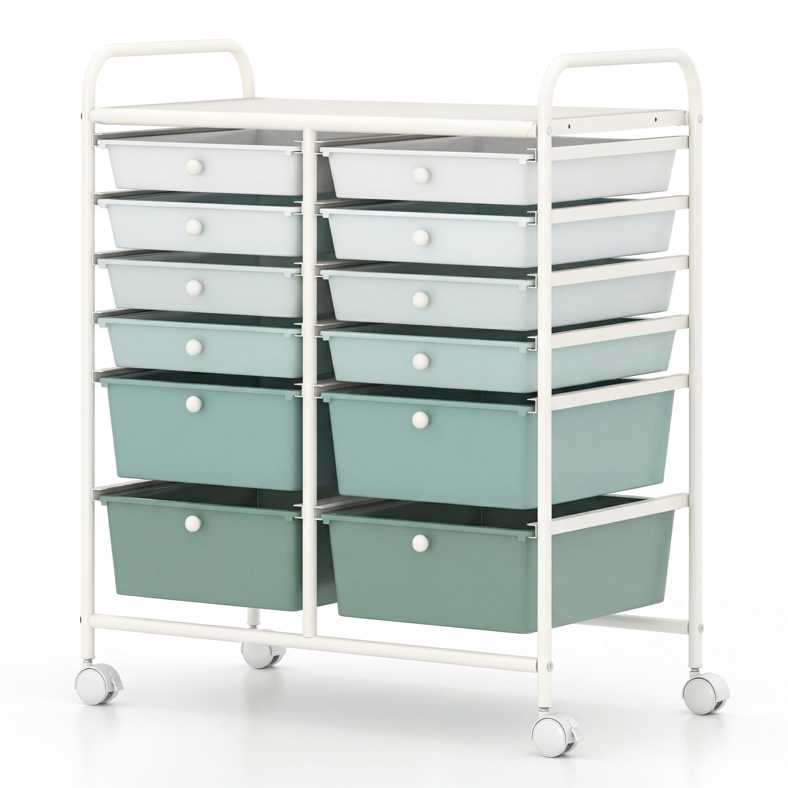 TANGZON 12 Drawers Mobile Storage Trolley, Multipurpose Rolling Cart with Lockable Wheels, Utility Trolley Unit for Home Office Organisation Stationery Beauty Salon (Gradient Green)