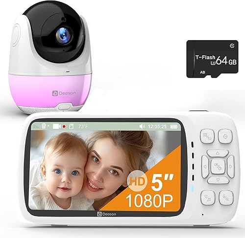Deason Monitor de bebé con cámara y audio, educación temprana y ruido blanco tarjeta TF 64G pantalla de 5 pulgadas, video 1080P conversación