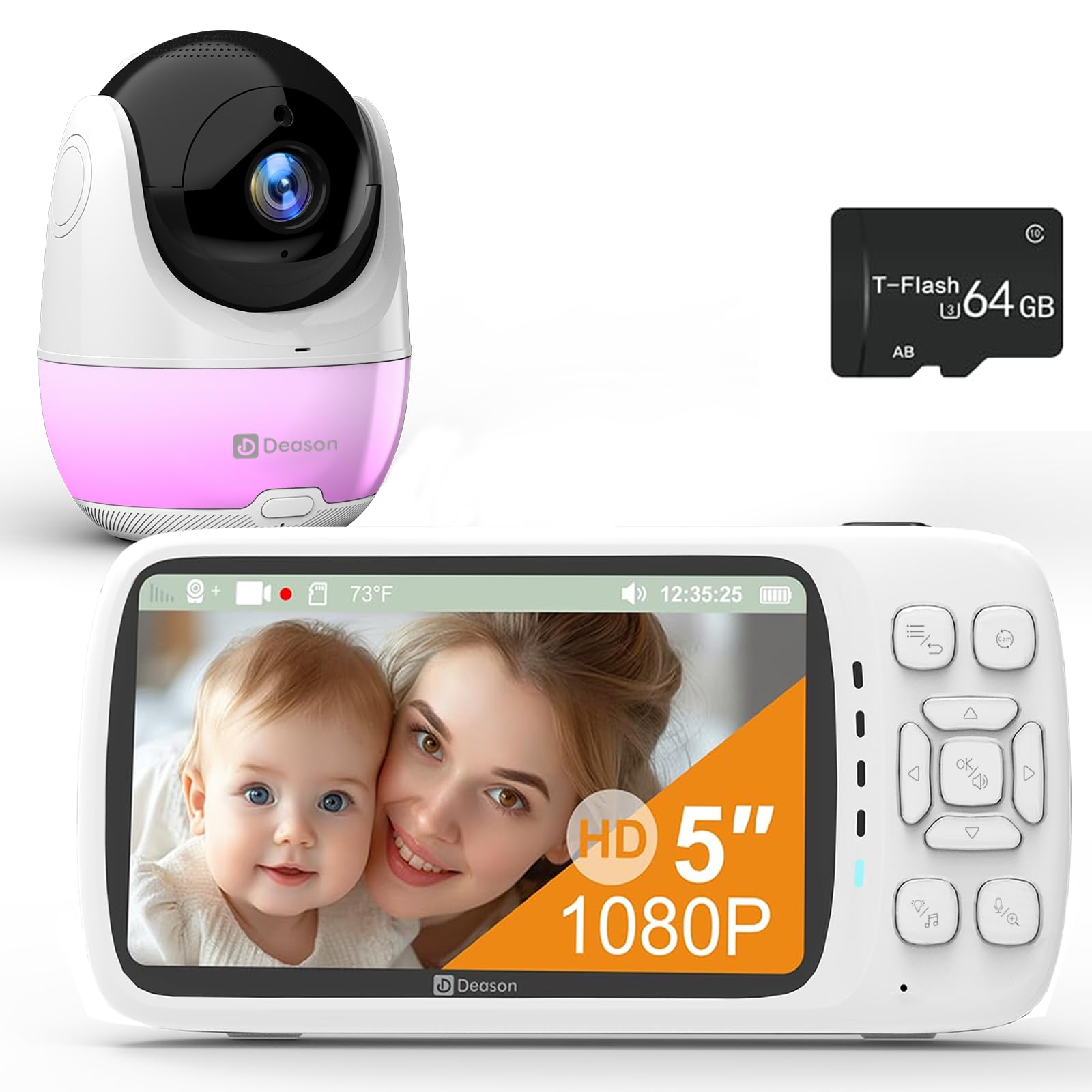 Deason Monitor de bebé sin WiFi con cámara y Audio, educación temprana y Ruido Blanco, Tarjeta TF de 64 G, Pantalla de 5 Pulgadas, Video 1080P, conversación bidireccional, Alarma de Sonido y