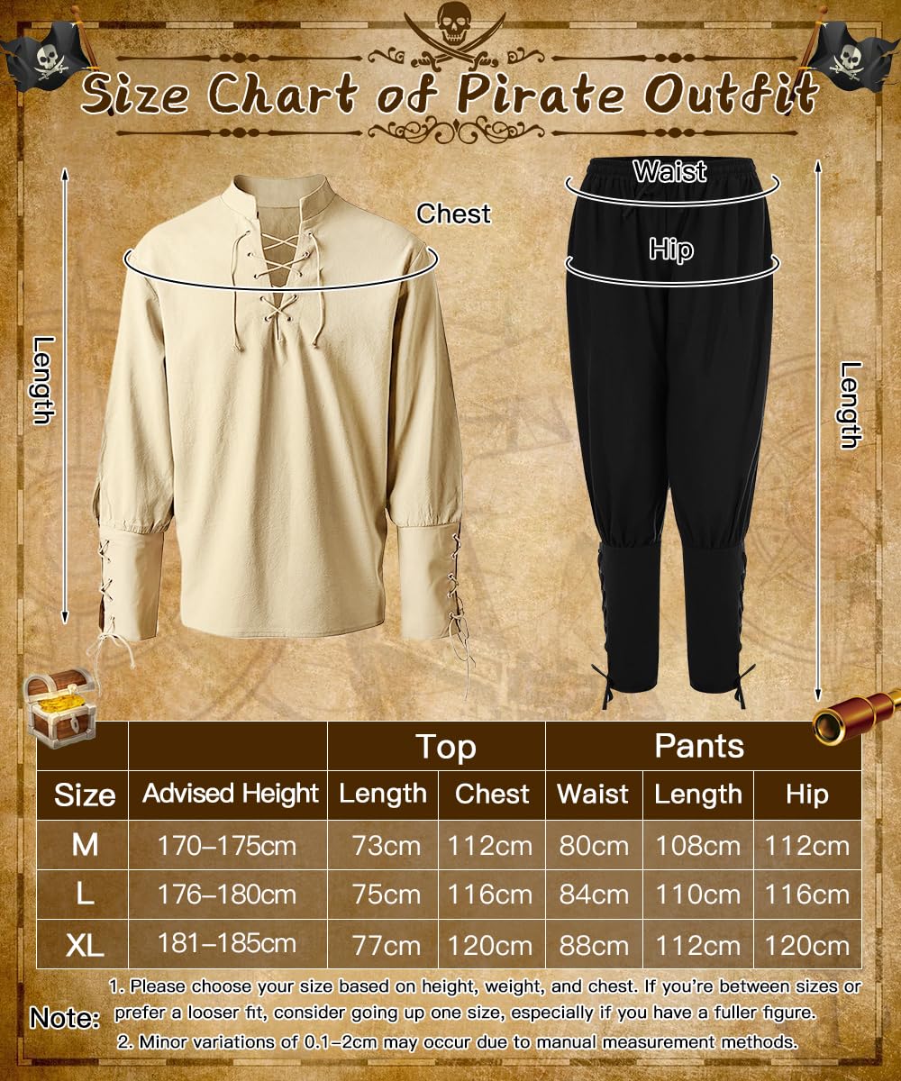 Deguisement Pirate Homme, Robe Médiévale avec Accessoires de Pirate, Costume Carnaval Homme avec Chemise Pantalon Médiévale, Costume Pirates pour Halloween Cosplay Fête
