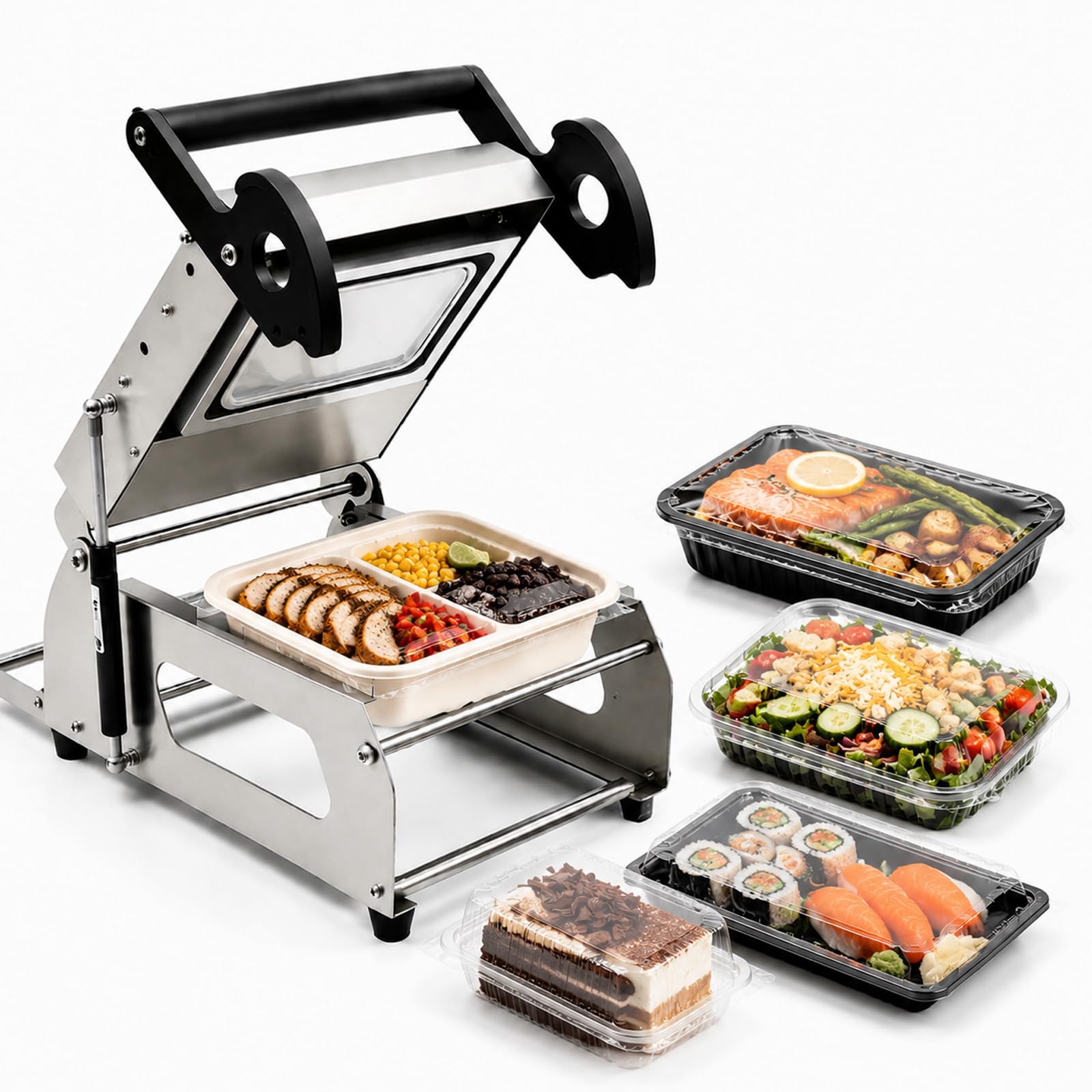 JIYINGHUI Manual Tray Sealer Machine,Stainless Steel,30s Fast Heating,480 Trays/Hour,7–8 Trays/Min,Leak-Proof Sealing,for Catering, Deli Counter, Fast Food Shop FR220E-200 * 140mm