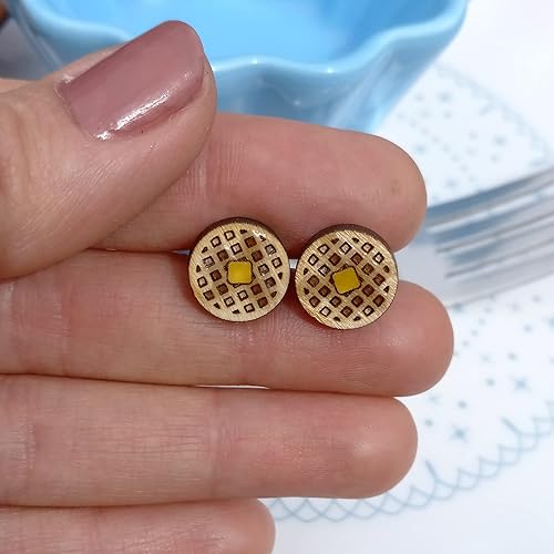 Miniatura 5 de Toaster Waffle Stud Earrings, Frozen Waffles with Butter and Syrup Brunch Food Diner Wood Studs Jewerly