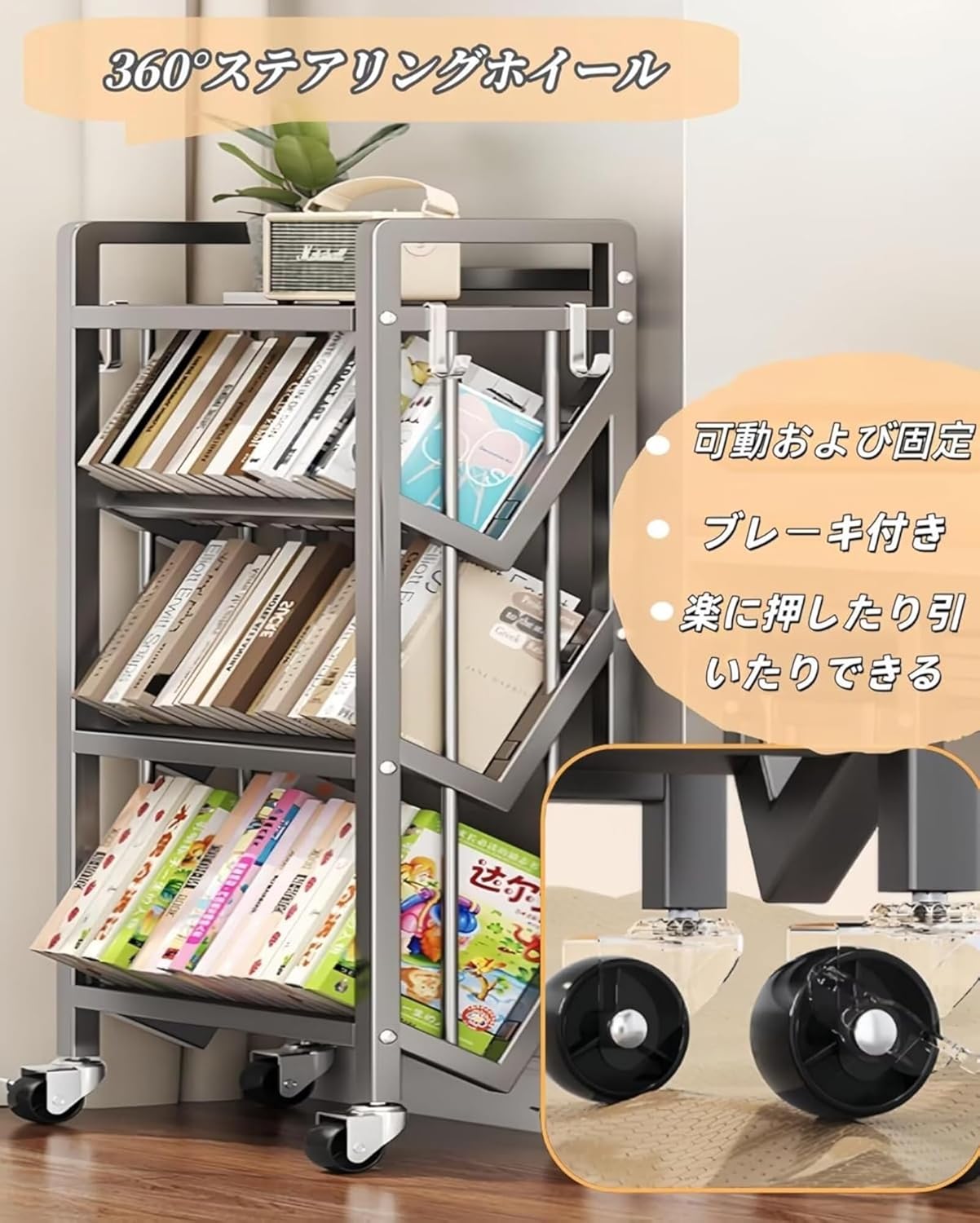 回転式スチールラック 4段本棚 キャスター、ストッパー付き 回転式スチールラック 4段本棚 キャスター、ストッパー付き