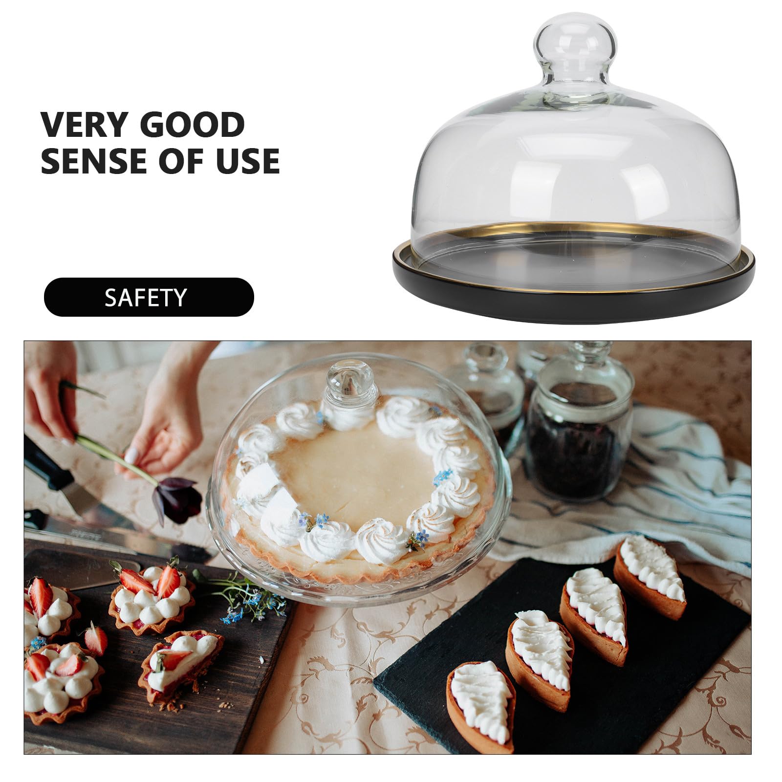 SHINEOFI Keramik Desserttablett mit Glasglocke, Schwarz, Schlichtes Design