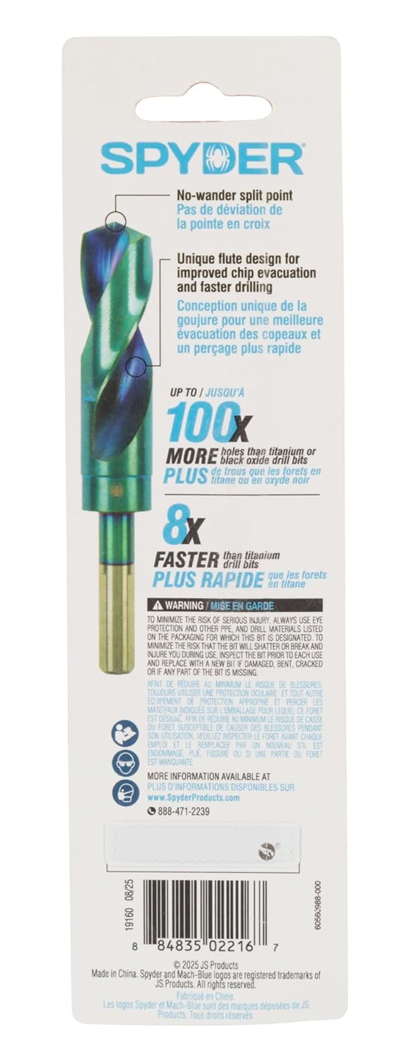 Spyder 1" Reduced Shank S&D Drill Bit, Tri-Flat Machined Shank for No Slipping, 135° Self-Centering Split Point, Advanced Alloy for Metal and Wood Drilling (19160)