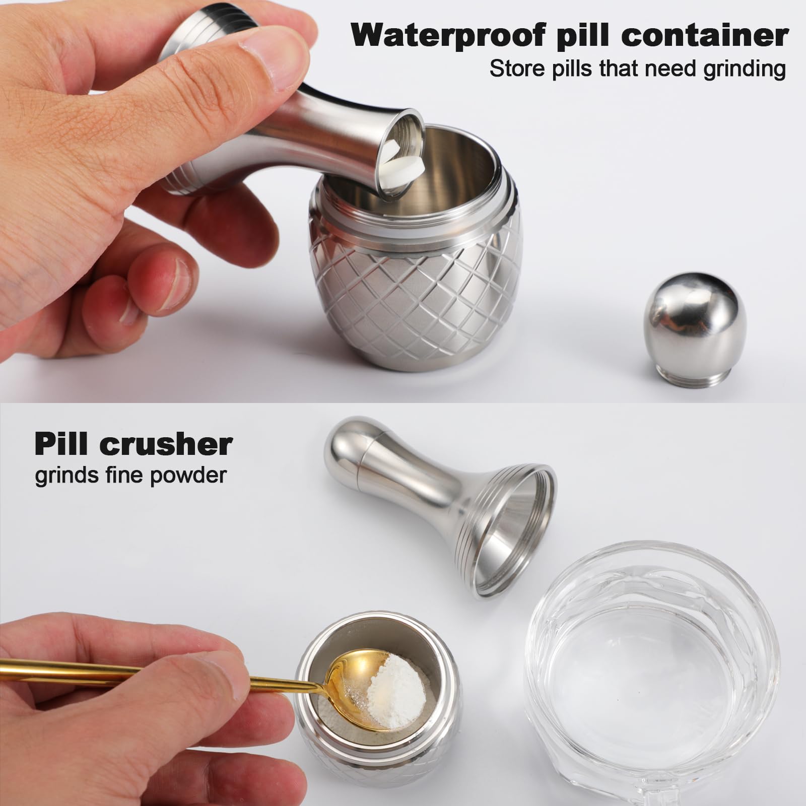 Mortaio e pestello in acciaio inox per spezie e pillole, impermeabile, contenitore per pillole e pillole, contenitore per pillole e spezie
