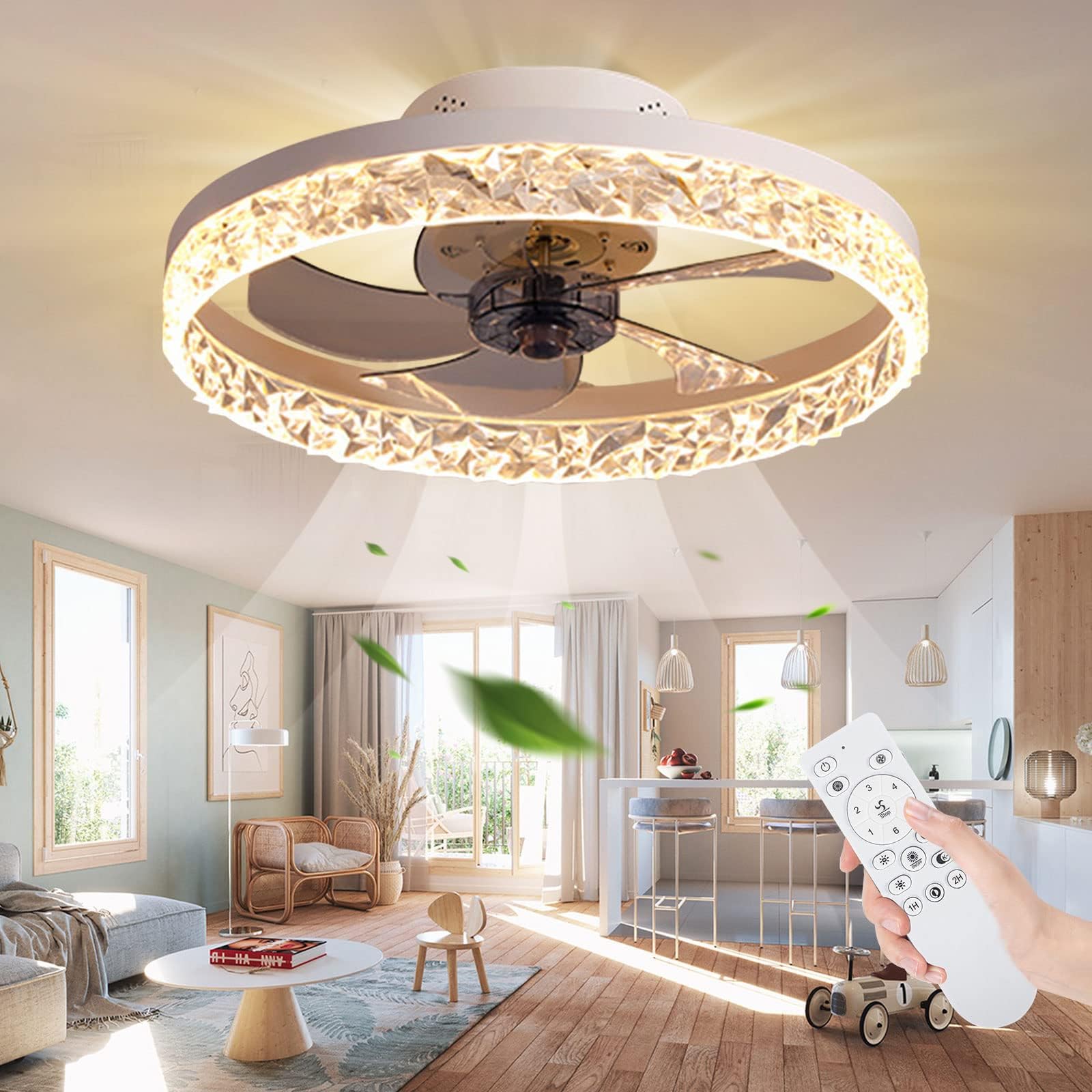 20 inch Modern Flush Mount Ceiling Fan with Lights, White Rotatable Low Profile Ceiling Fan with LED Light Remote, 3 Color Dimming, 6 Speeds Small Enclosed Ceiling Fan for Bedroom Living Room
