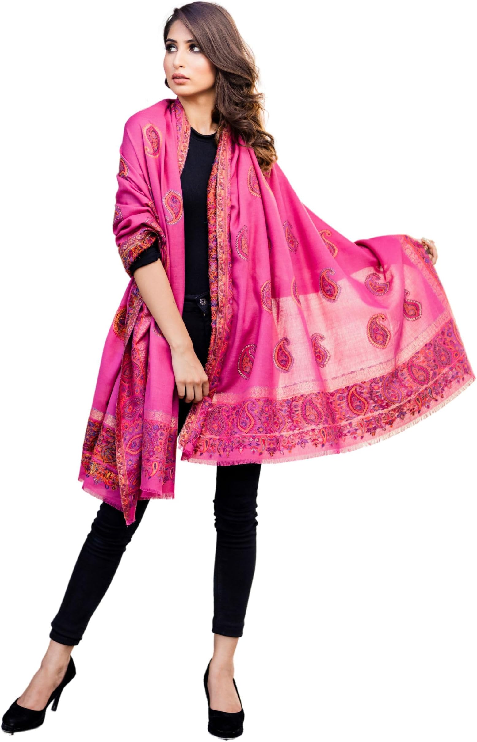 SWI WITH LABELWomen's Kashmiri Kani Woven Wool Shawl (K3 Pink)