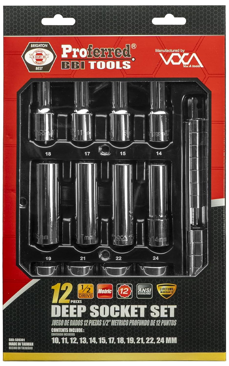 Proferred S09201 1/2" Drive Standard Metric Socket Set, 15 Piece, 12 Point