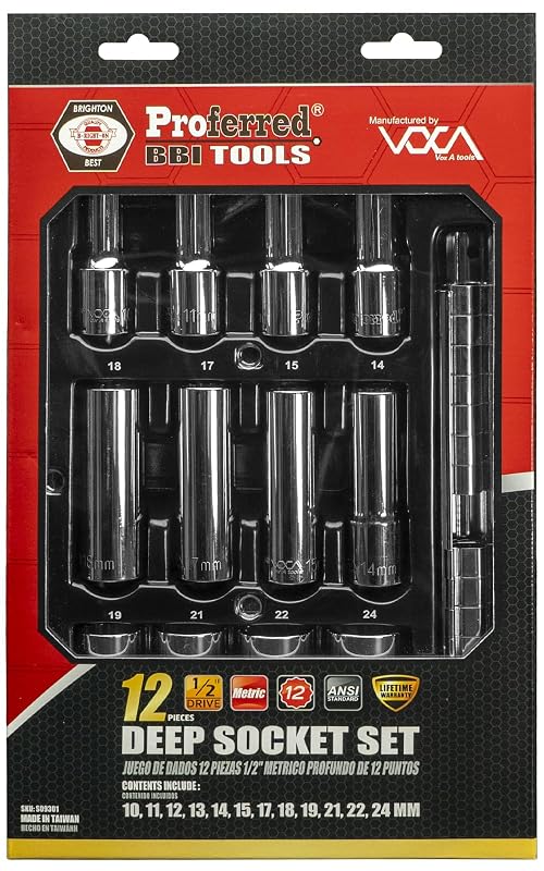 Jogo de Soquetes Métricos Profferred S09301 com Encaixe de 12,7 mm, 12 Pontos Profundos, 12 Peças