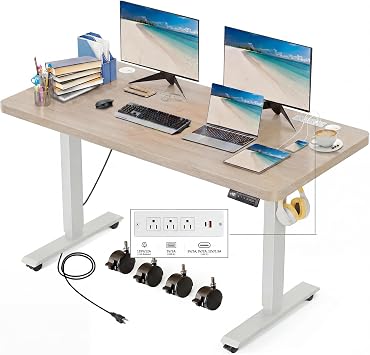 Electric Standing Desk with Power Outlets and USB-C Port, 48 x 24 Inches Adjustable Height Sit Stand Up Desk for Home Office, Adjustable Desk with Memory Preset and Wheels, Oak