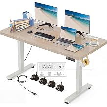 Electric Standing Desk with Power Outlets and USB-C Port, 48 x 24 Inches Adjustable Height Sit Stand Up Desk for Home Office, Adjustable Desk with Memory Preset and Wheels, Oak