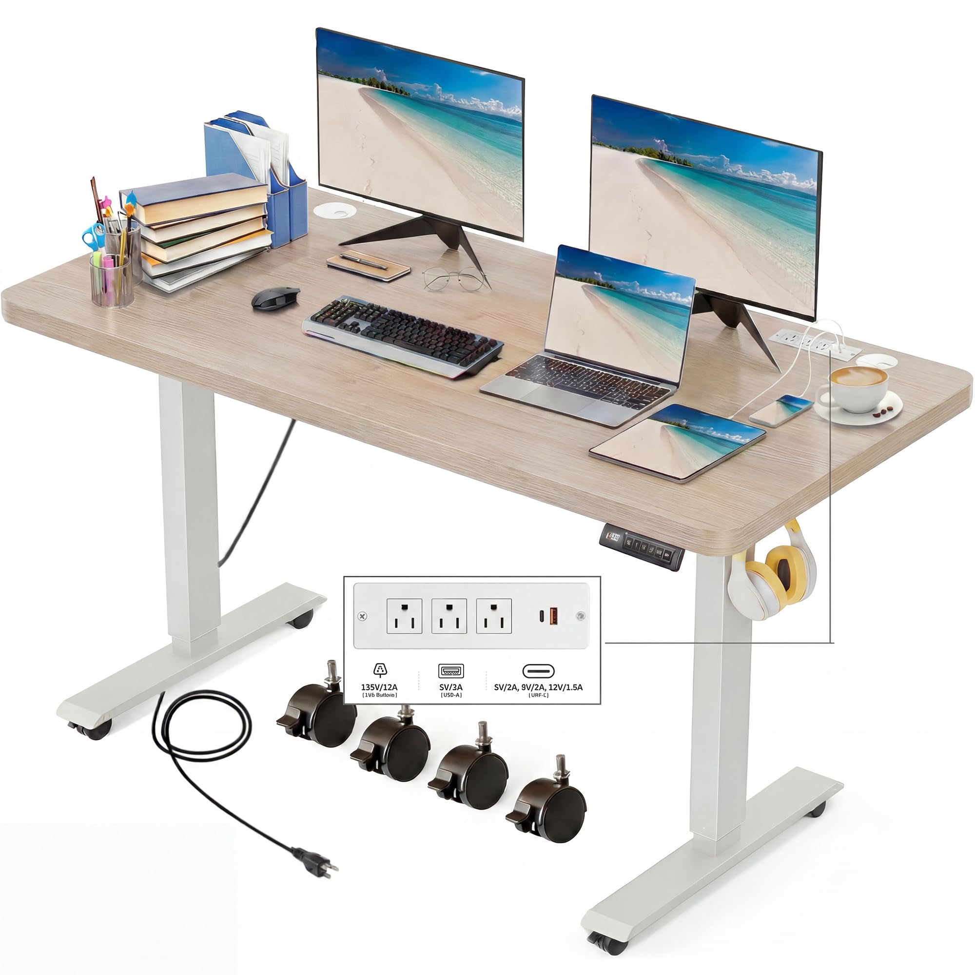Bureau debout électrique 122x61 cm avec bloc 3 prises CA, 2 USB et mémoire de hauteur