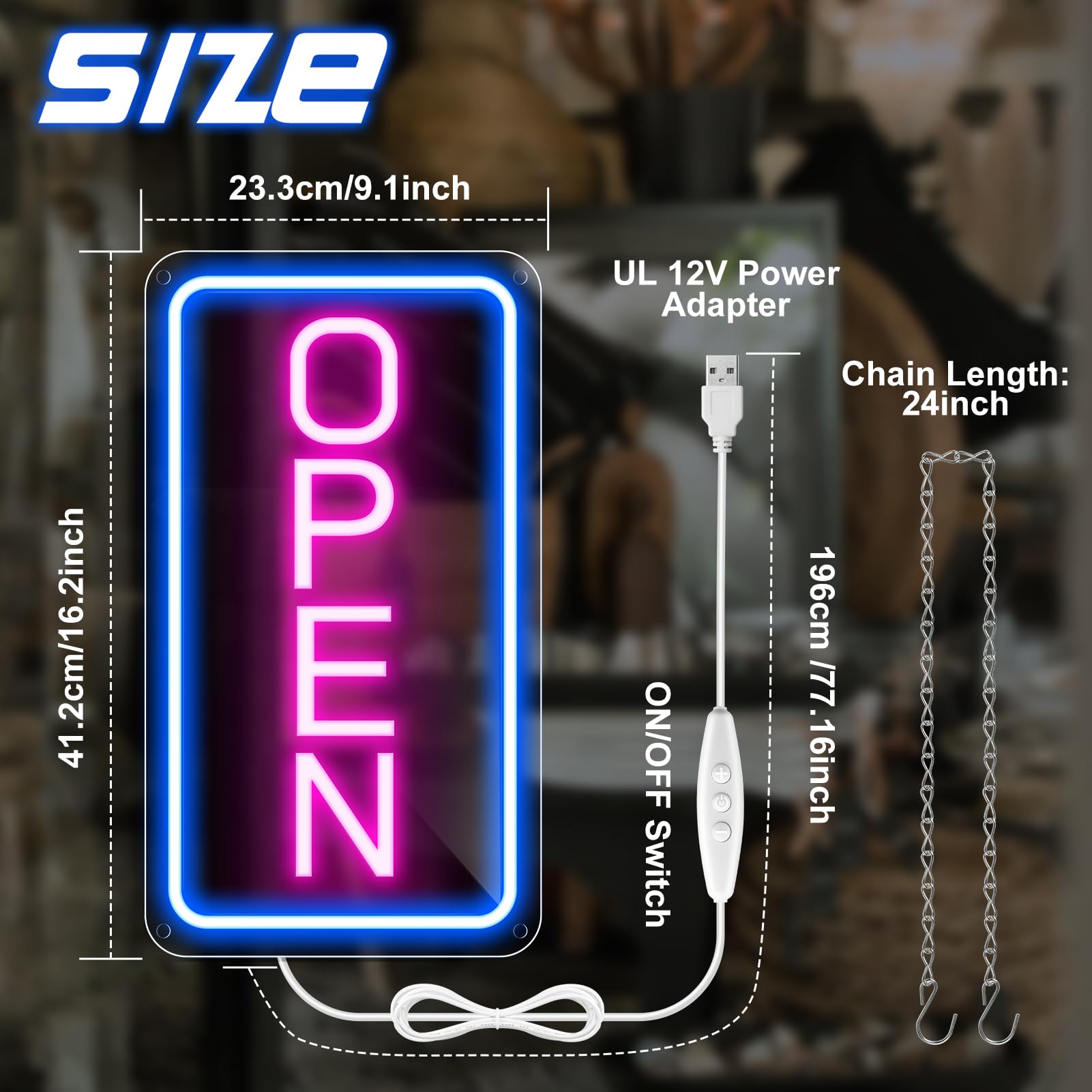 16"x 9" Adjustable Brightness Open Signs for Business Blue Pink Ultra Bright Lighted Sign Open Powered by USB with ON/OFF - Image 3