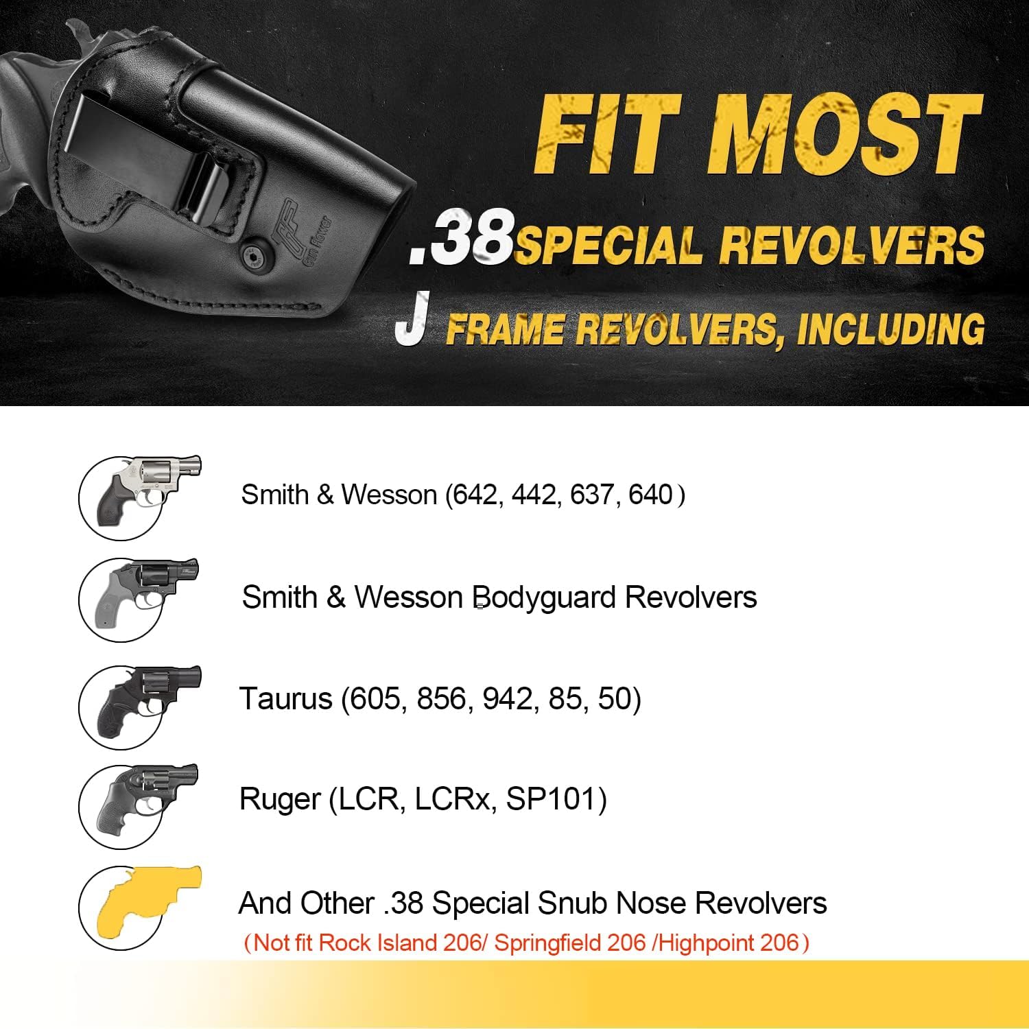 IWB Leather Holster, Fits Most J Frame Revolvers & Most .38 Special Revolvers - Ruger LCR/LCRx, S&W 442/642/637/640,Bodyguard Revolver, Taurus 605/856, Charter Arms and More, Inside Waistband Carry